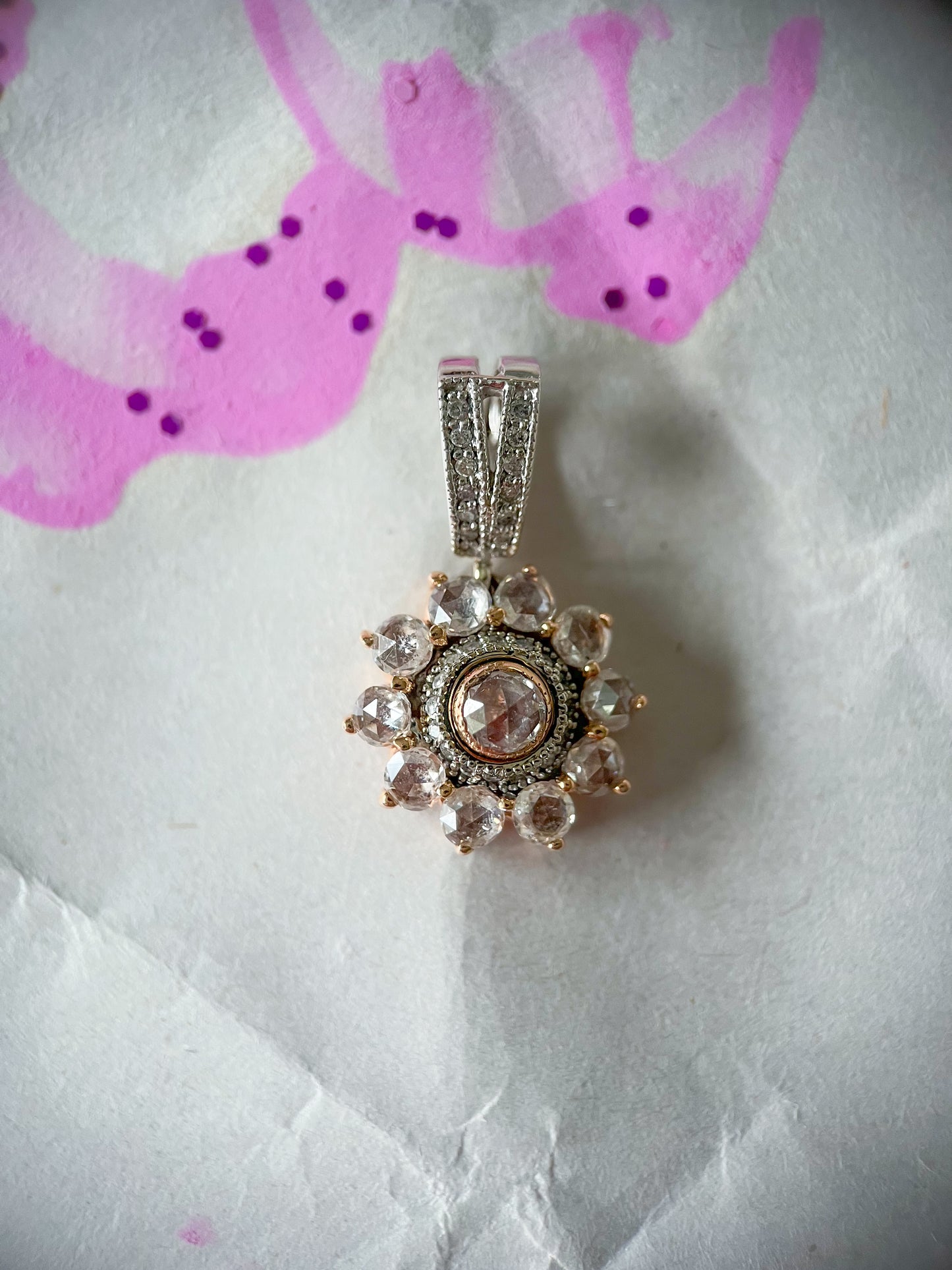 Vintage Natural Diamond Rose Cut Light Pink 14k Rose and White Gold Pendant Charm