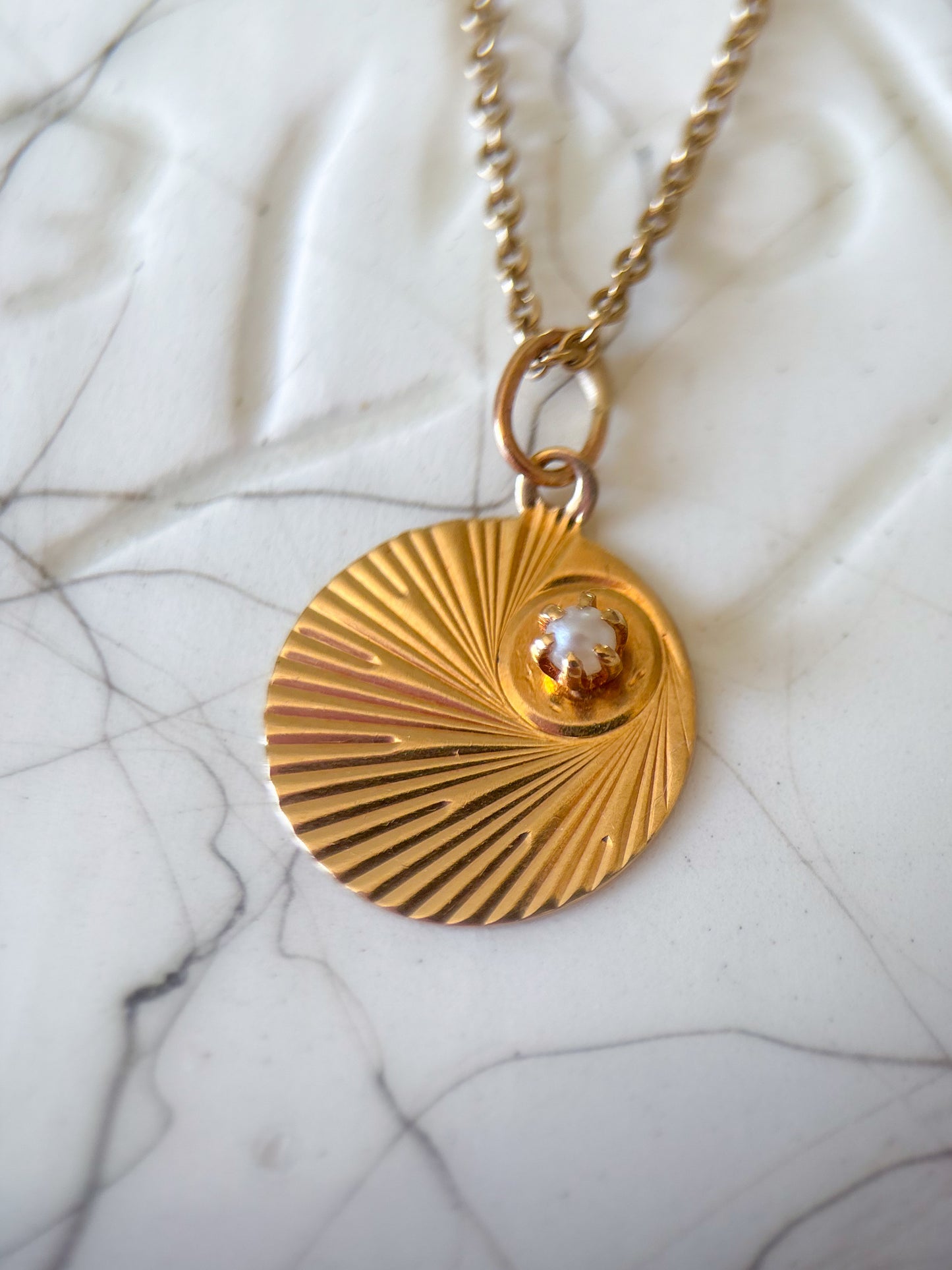Vintage Engine Turned Circle 14k Yellow Gold Charm with Pearl
