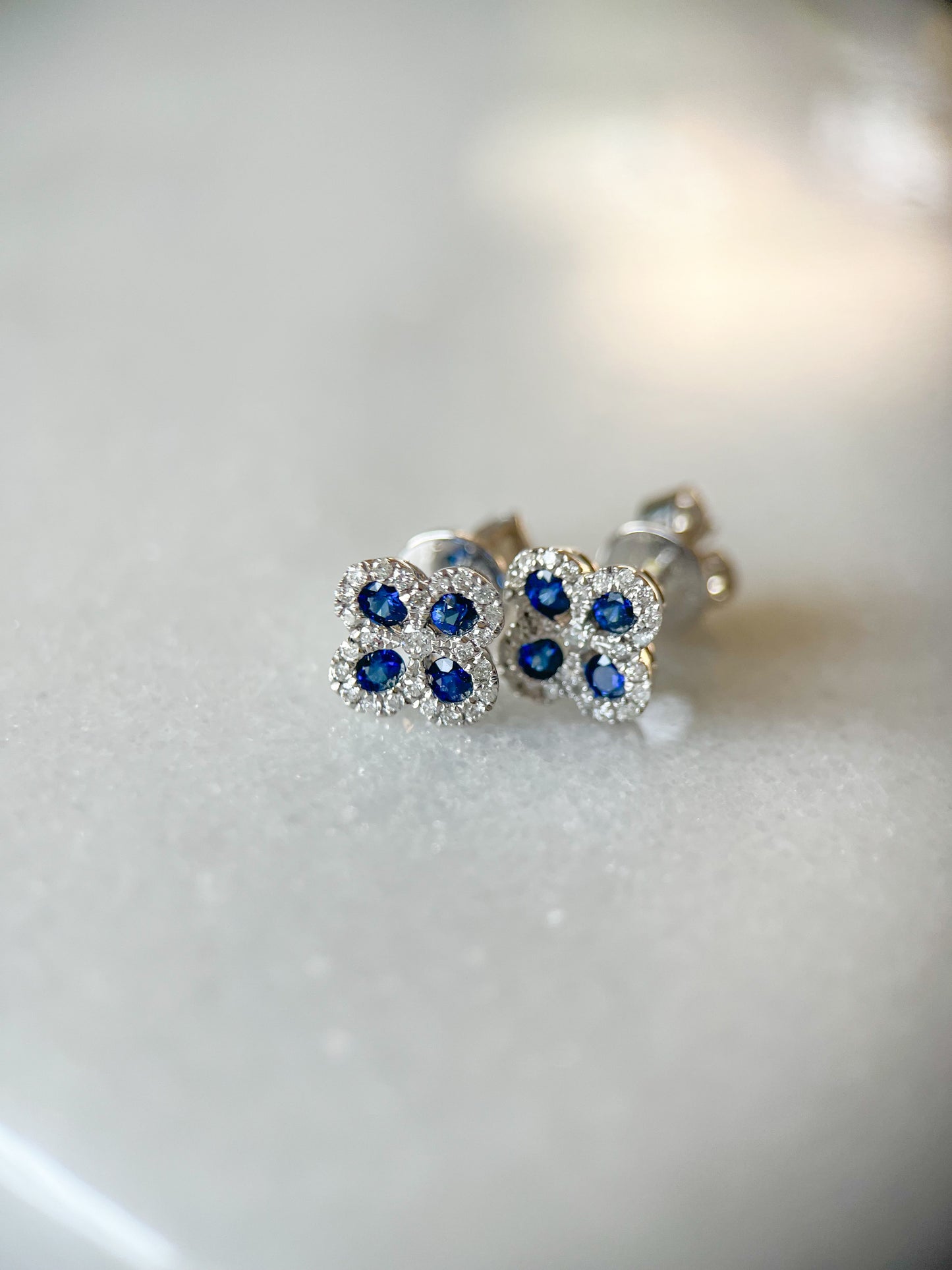 Natural Ruby, Sapphire, Emerald and Diamond 14k White Gold Flower Stud Earrings