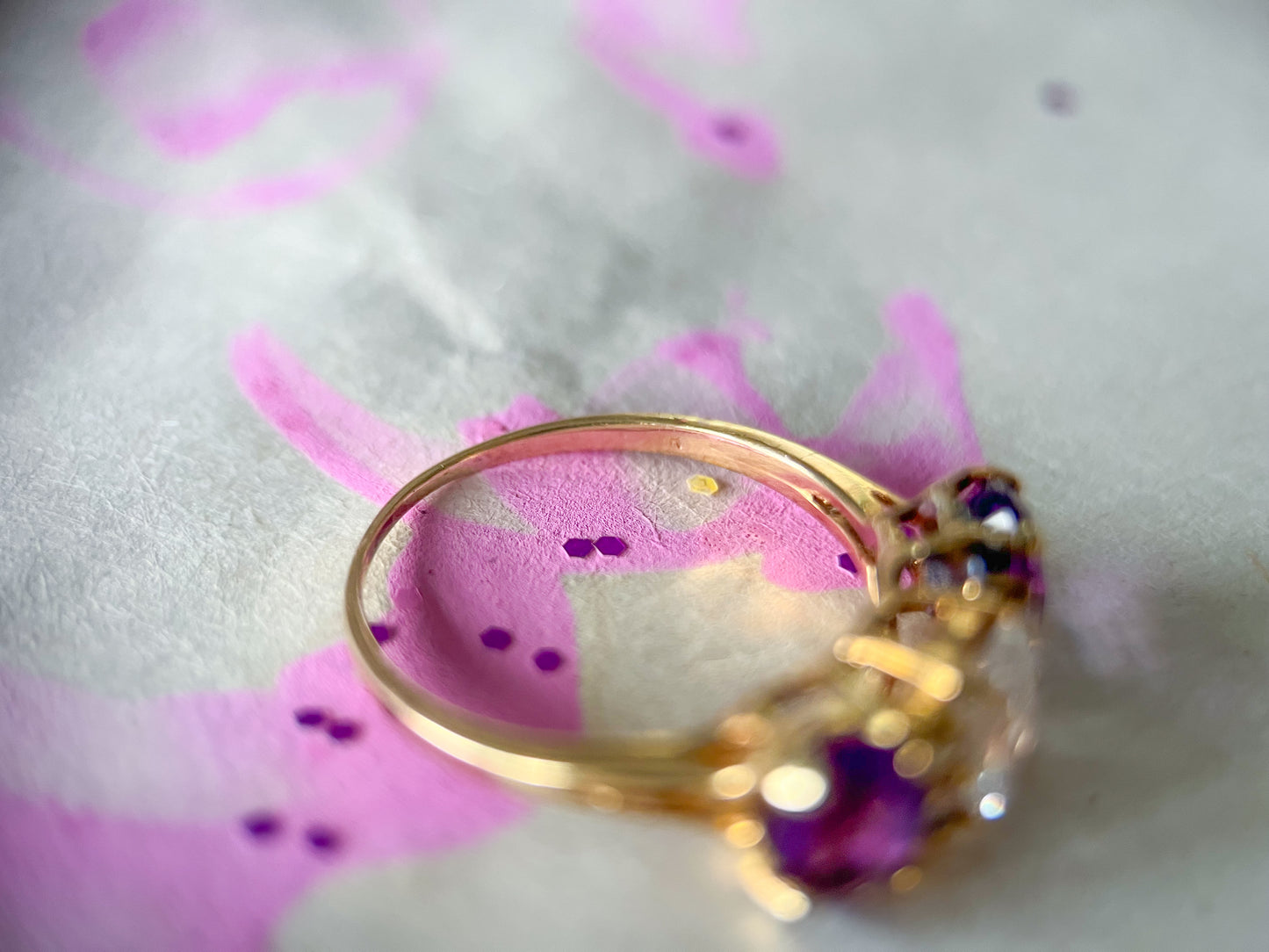 Vintage Natural Amethyst and CZ Three Stone Ring with Natural Diamonds 14k Yellow Gold