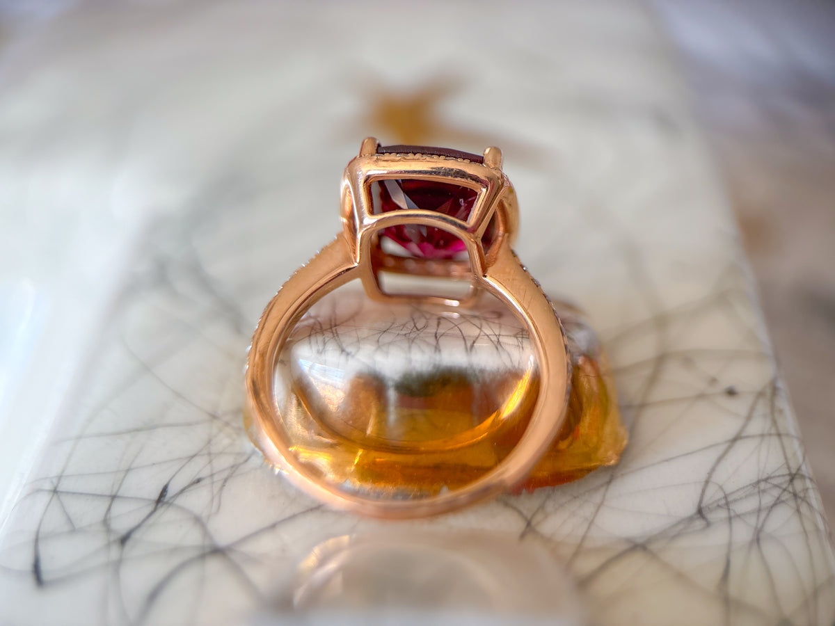 Vintage 14k Rose Gold Natural Rhodolite and Diamond Ring
