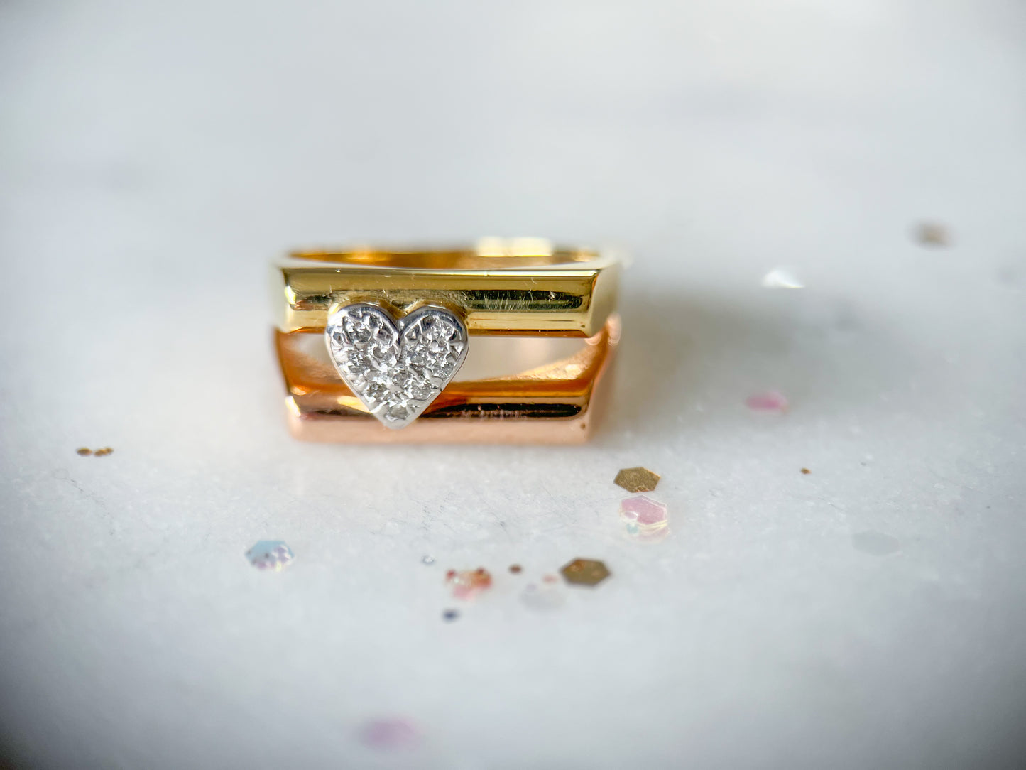 Vintage Double Bar Natural Diamond Heart Two Toned 14k Rose and Yellow Gold Ring