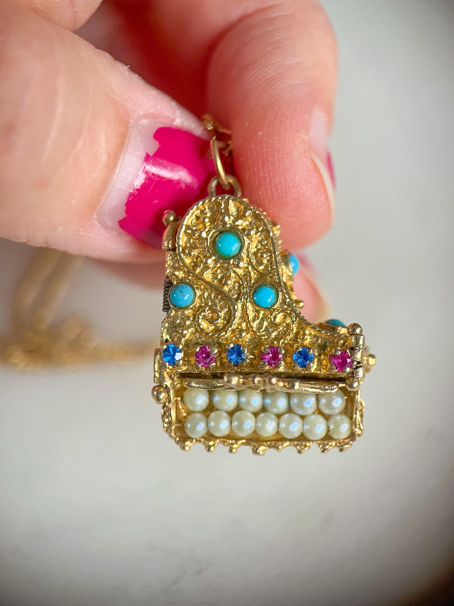 Vintage Grand Piano Charm - Ruby, Sapphire, Pearl, Turquoise and 14k Yellow Gold, circa 1950s