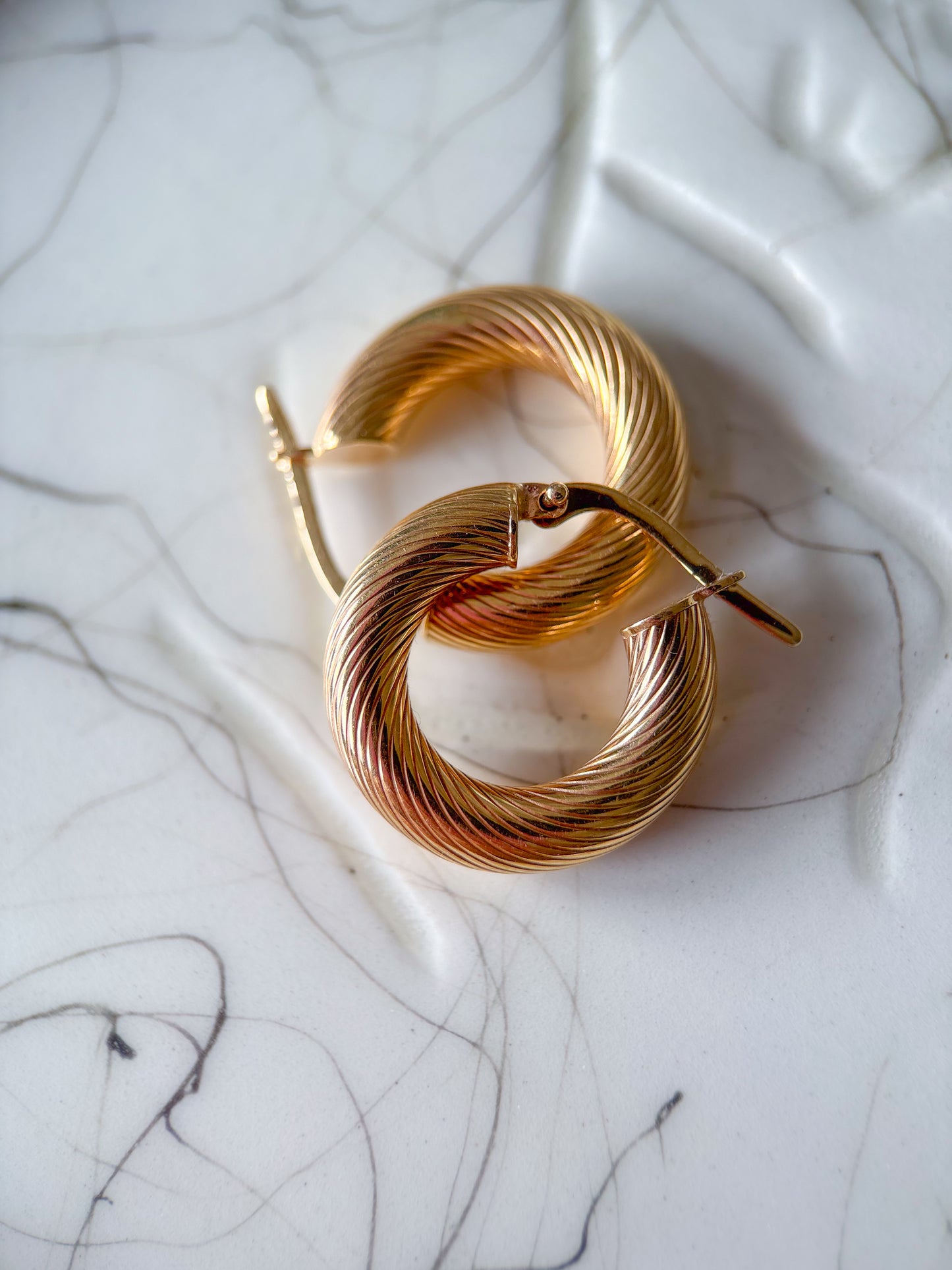 Vintage 14k Yellow Gold Thick Etched Hoop Earrings