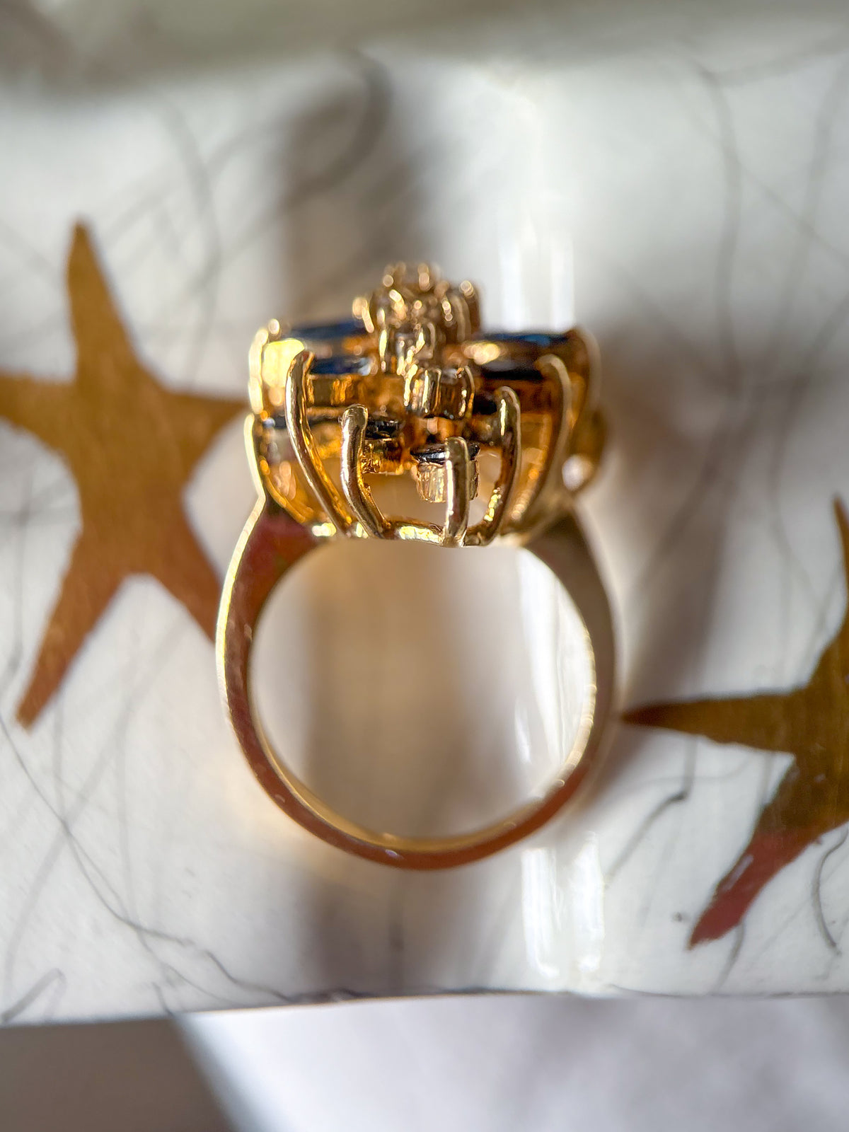 Vintage Natural Sapphire and Diamond Cluster 14k Yellow Gold Ring