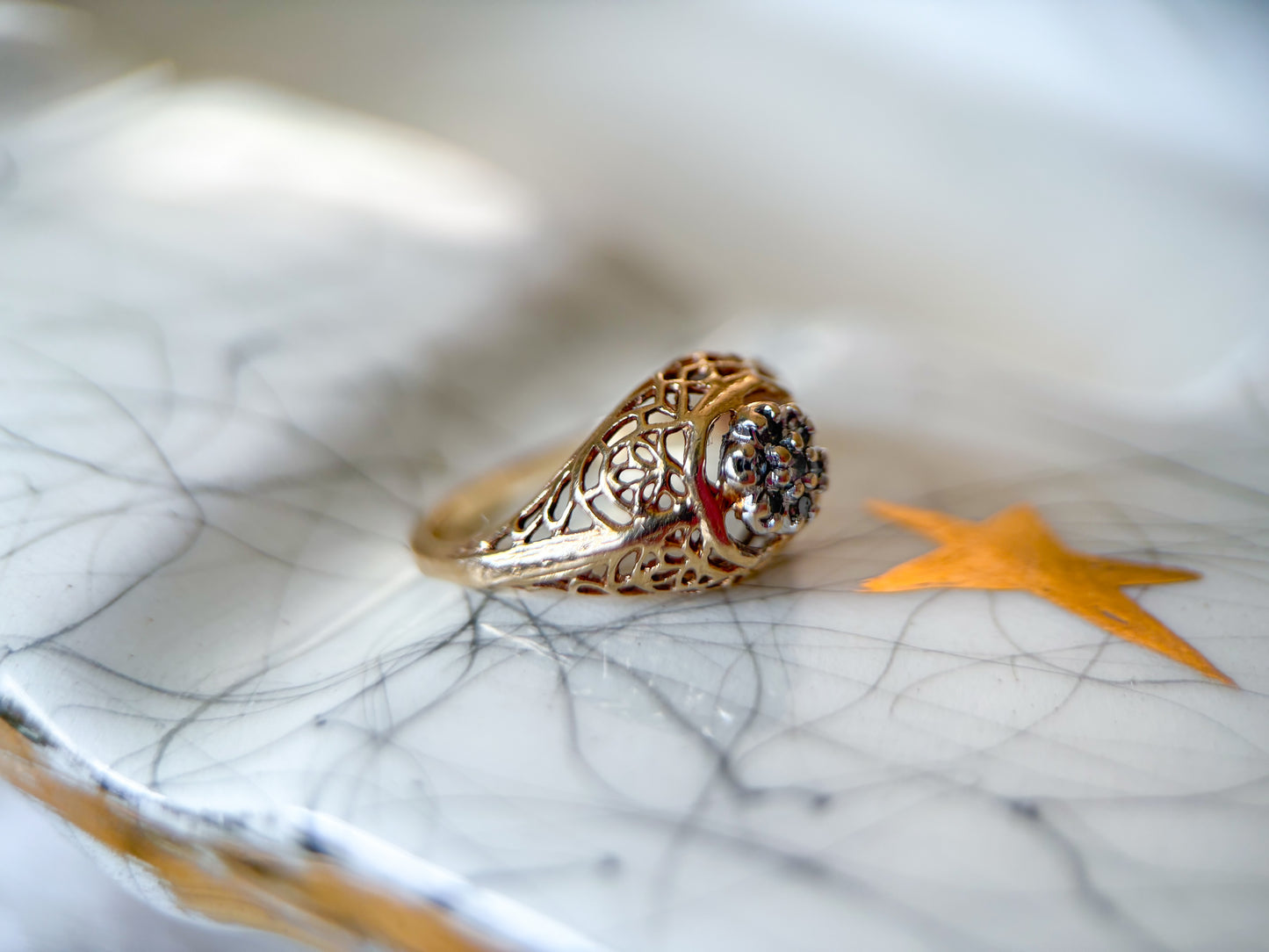 Vintage Natural Diamond 14k Yellow Gold Filigree Pinky Ring