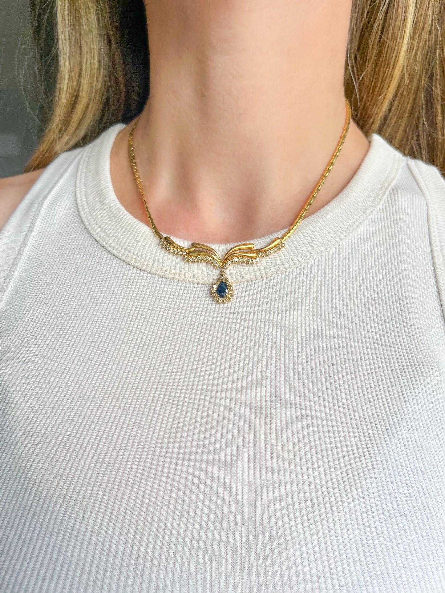 Vintage Natural Diamond, Emerald and Sapphire Pendant 14k Yellow Gold Necklaces