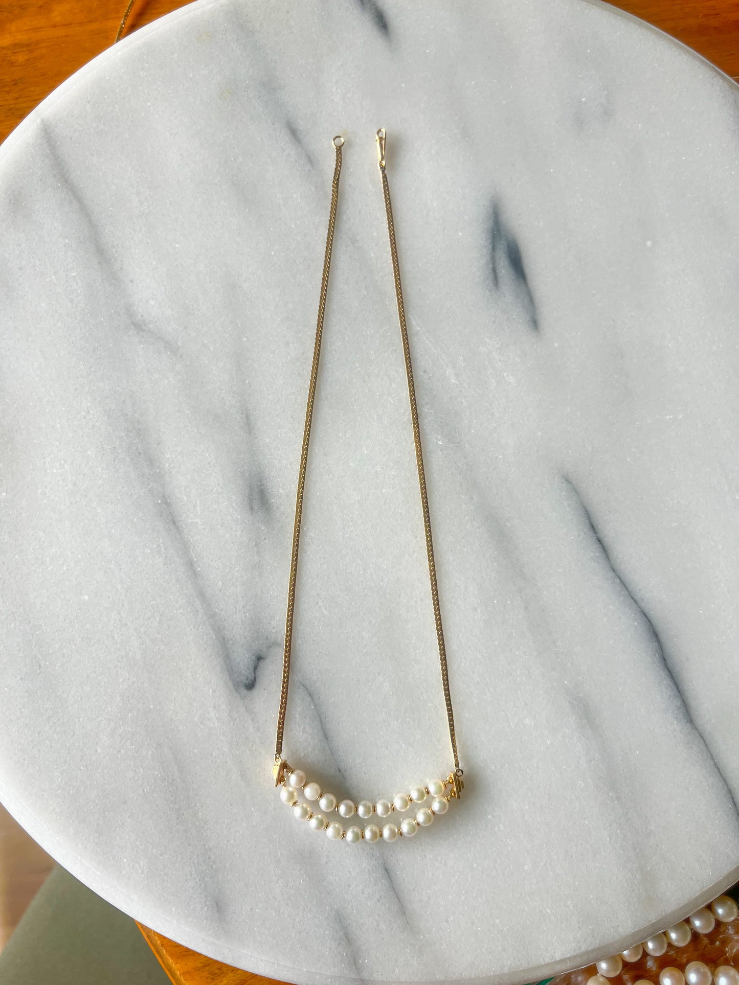 Vintage Herringbone Chain with Pearl Double Accent 14k Yellow Gold 16.5 Inch Necklace