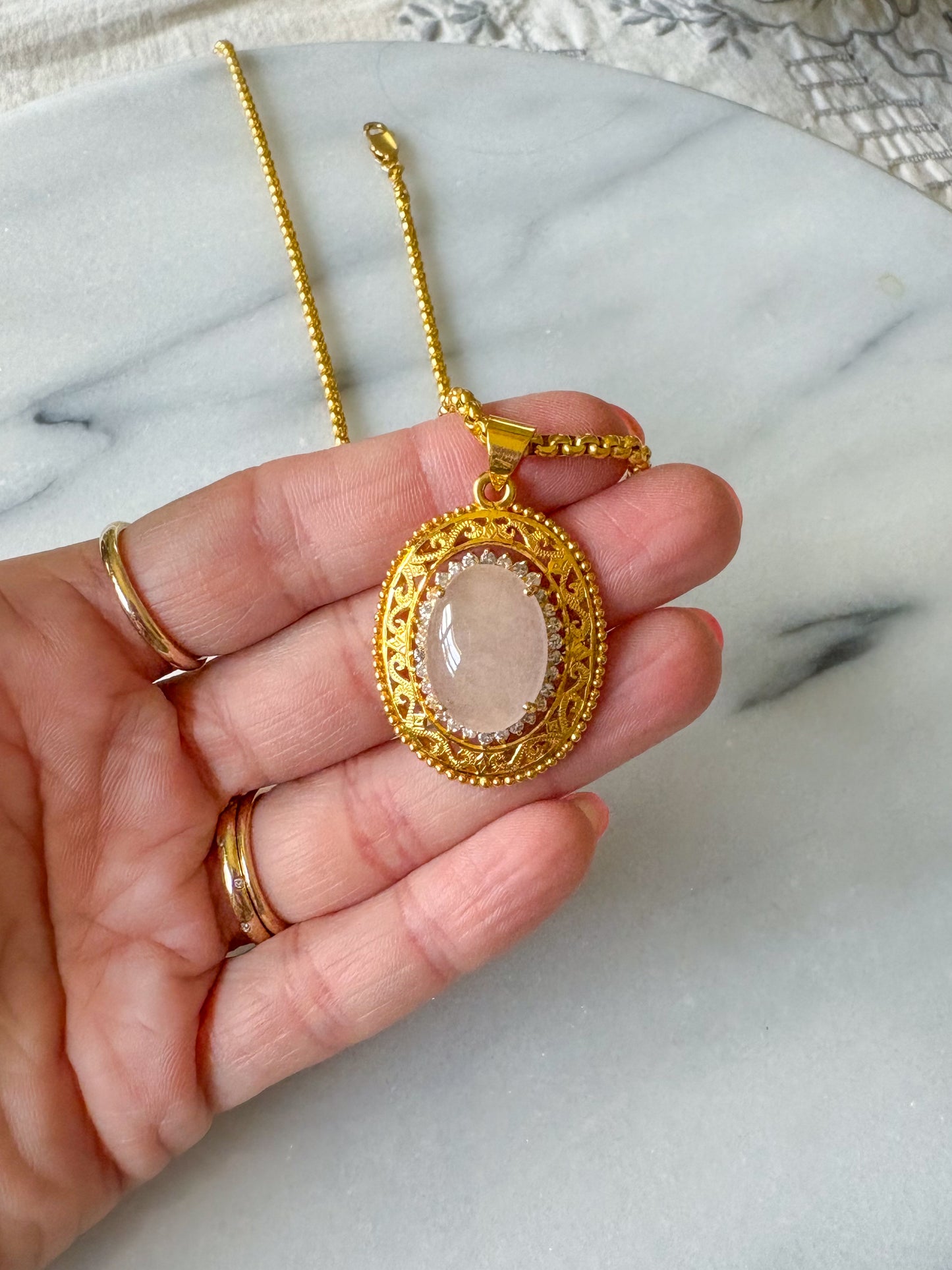 Vintage Large White Jade and Natural Diamond 18k Yellow Gold Charm Pendant