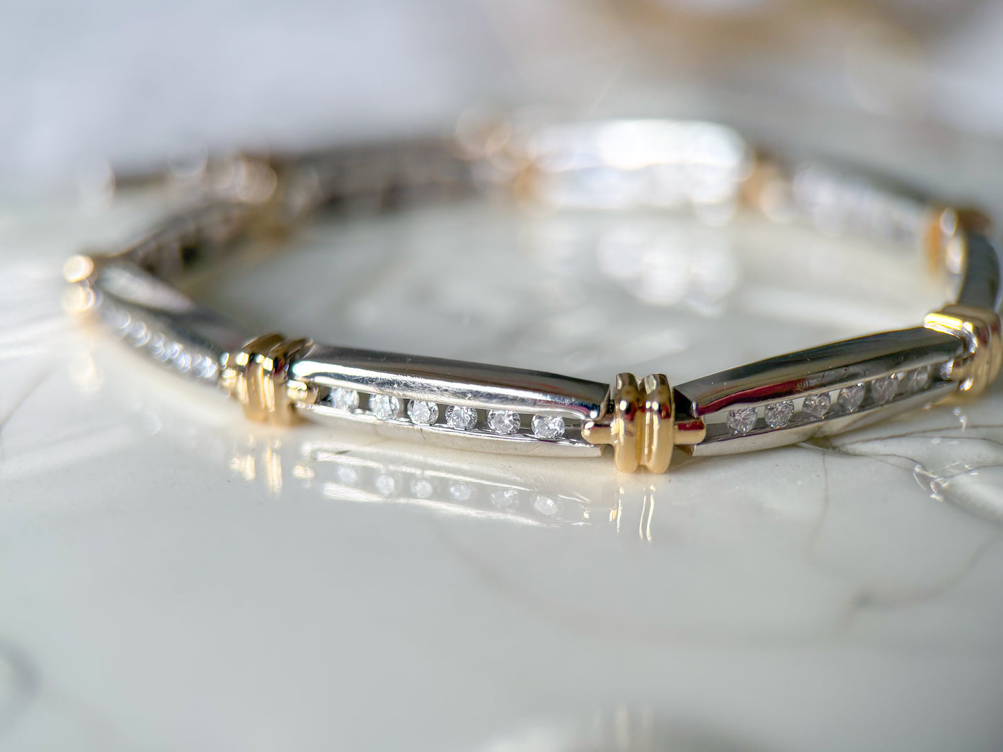 Vintage Natural Diamond Two Toned 14k White and Yellow Gold 7 Inch Bracelet