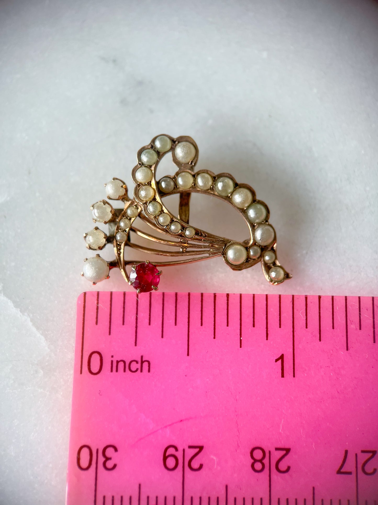 Victorian Era Pearl and Ruby 14k Yellow Gold Brooch Pendant