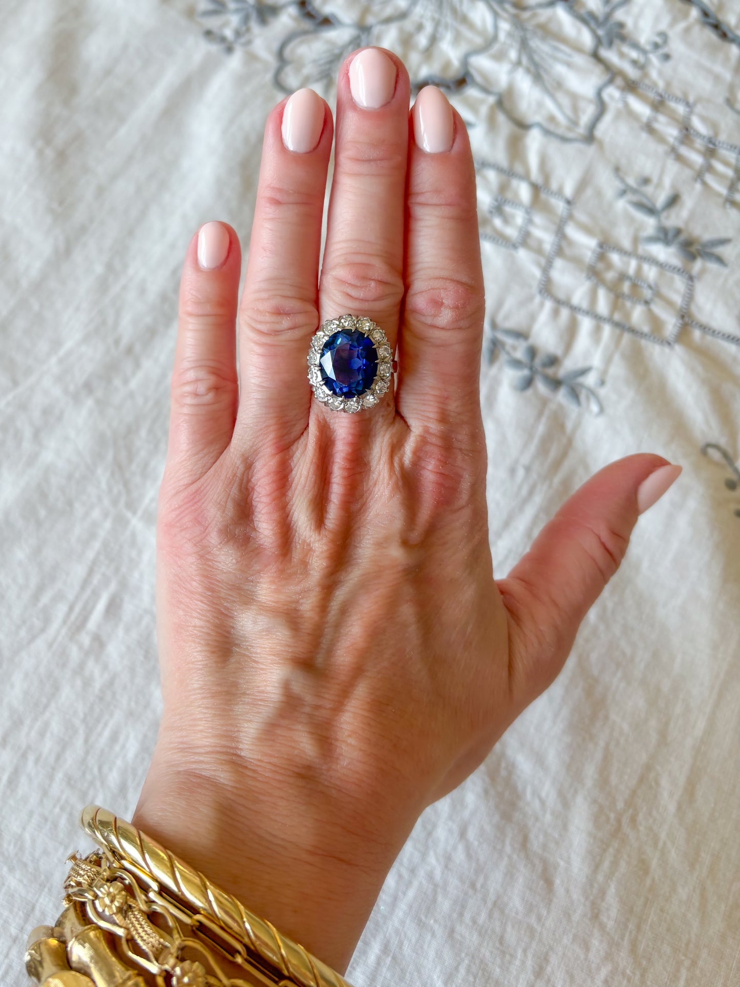 Vintage Natural Diamond and Blue Stone 10k White Gold Statement Ring