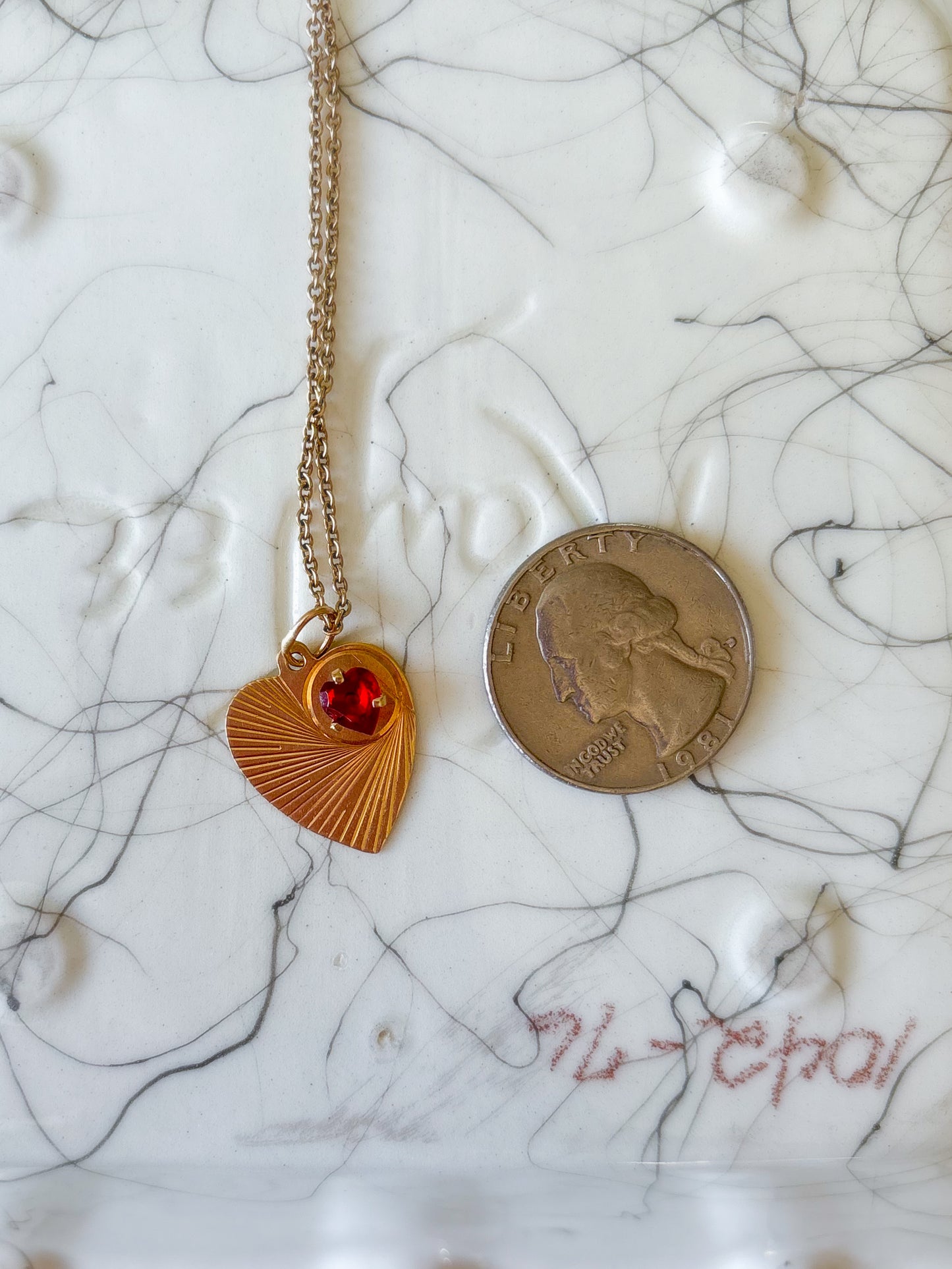 Vintage Engine Turned Heart 14k Yellow Gold Charm with Red Stone