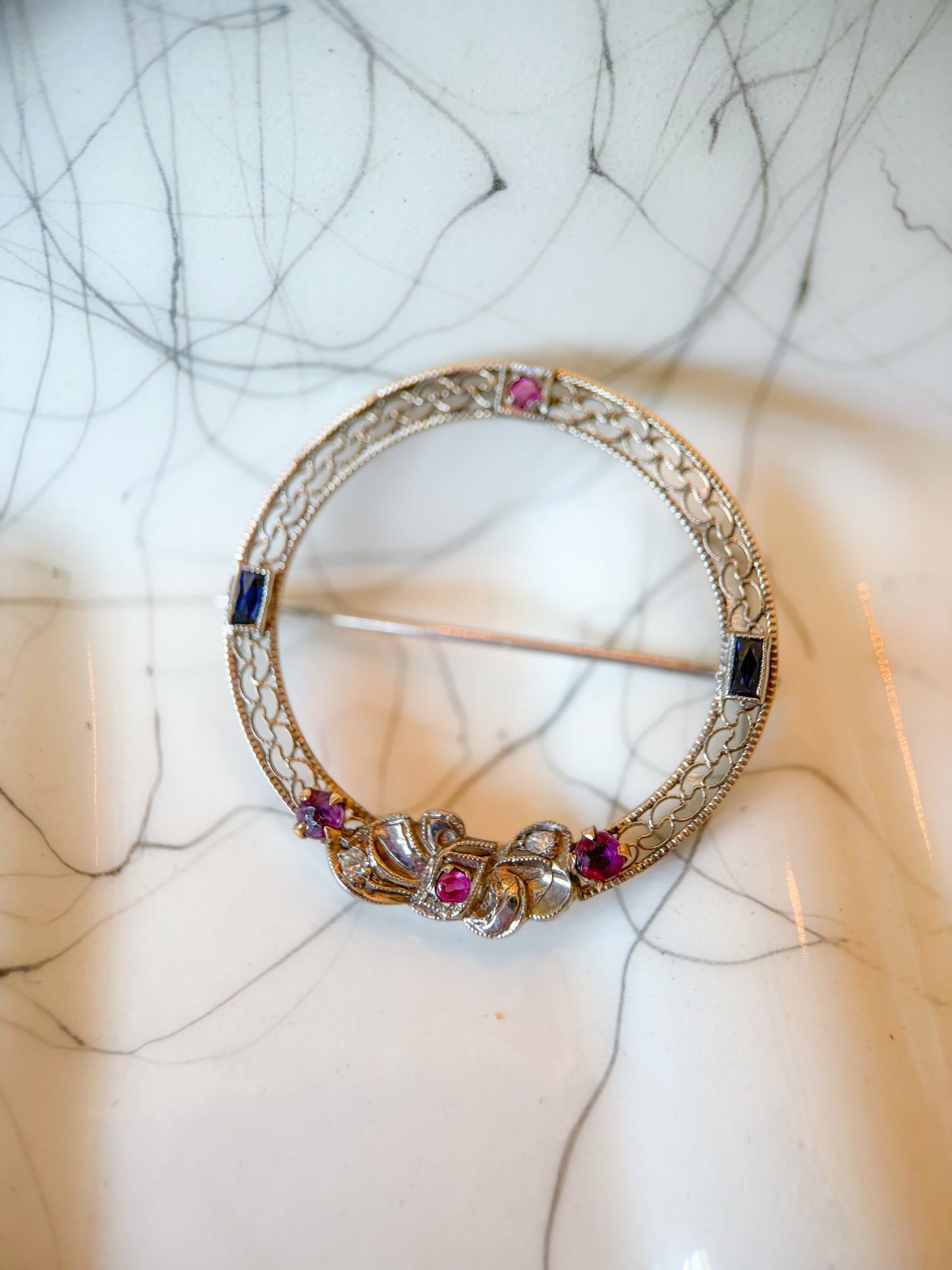 Vintage Art Deco 14k White Gold Filigree Brooch Featuring Natural Gemstones