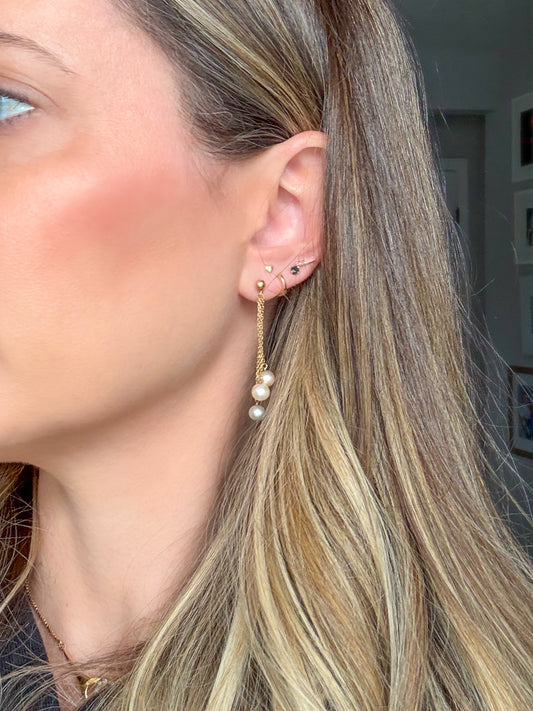 Vintage Pearl Dangle Stud 14k Yellow Gold Earrings