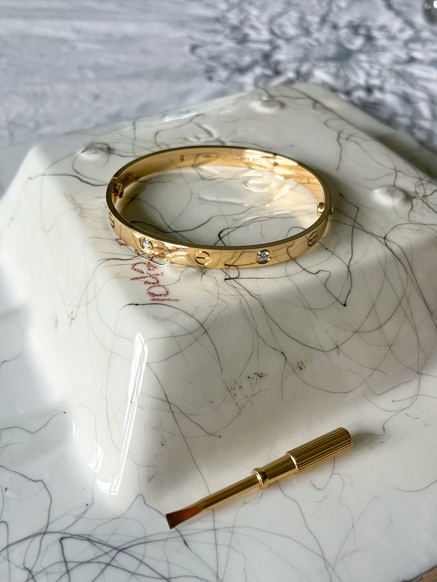 Size 19 18k Yellow Gold Solid Screw and Natural Diamond Bangle