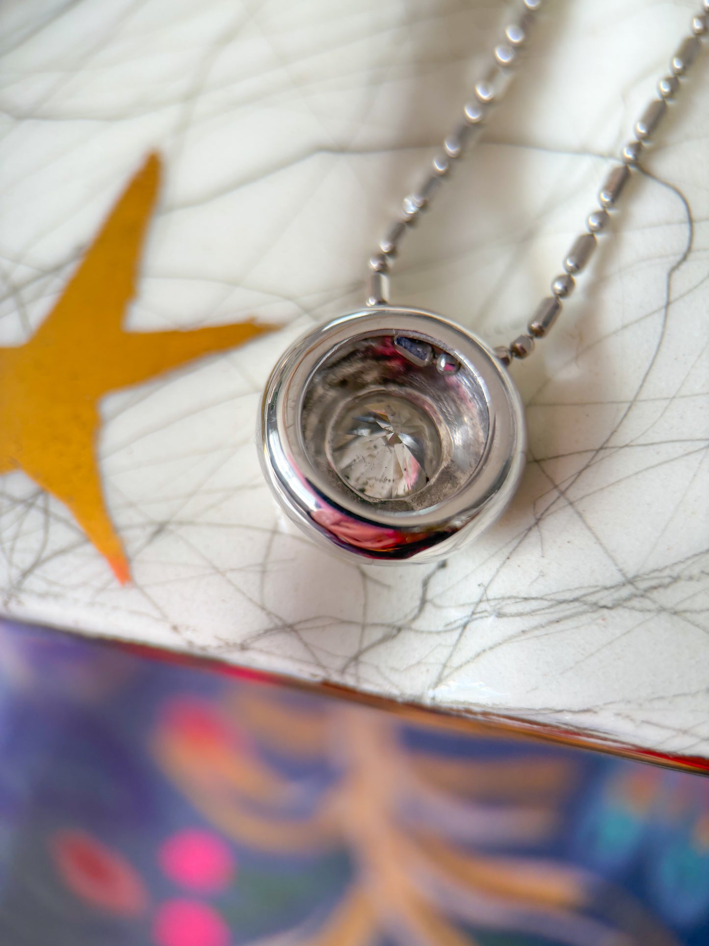 Vintage Bezel Set Natural Diamond Pendant 14k White Gold Charm with Ball Chain