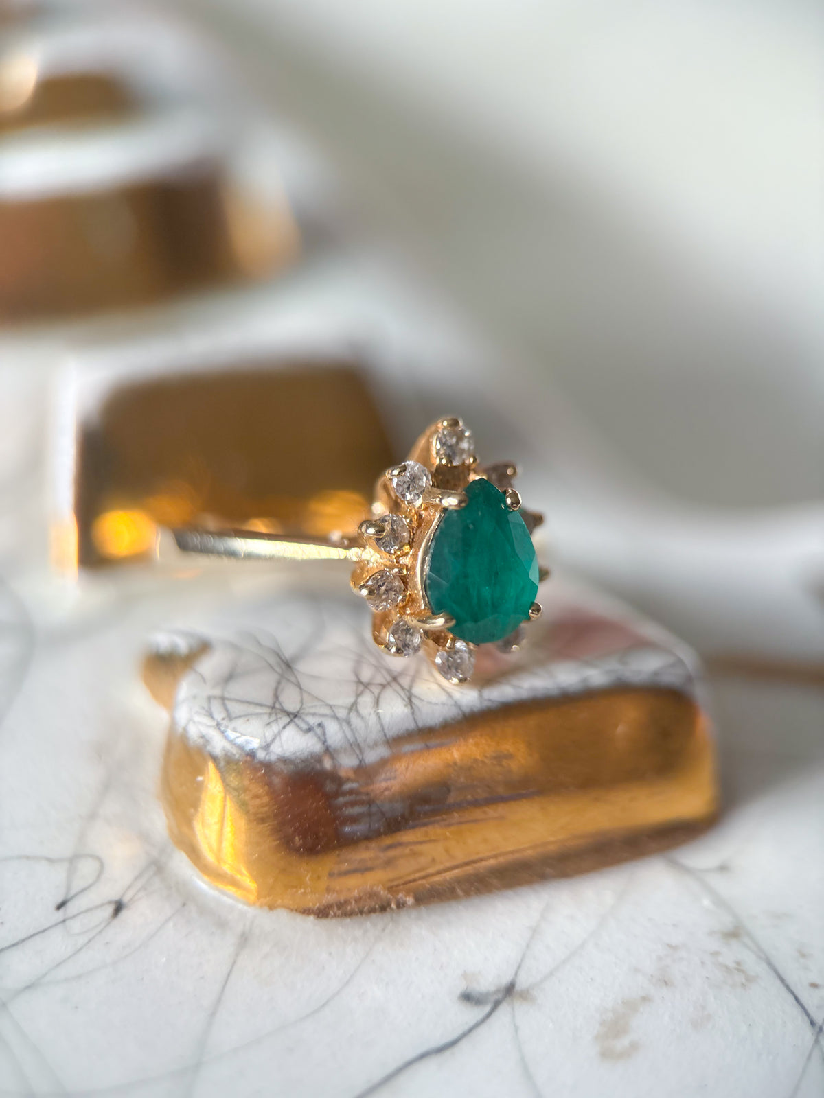 Vintage Pear Shaped Natural Emerald and Diamond 14k Yellow Gold Ring