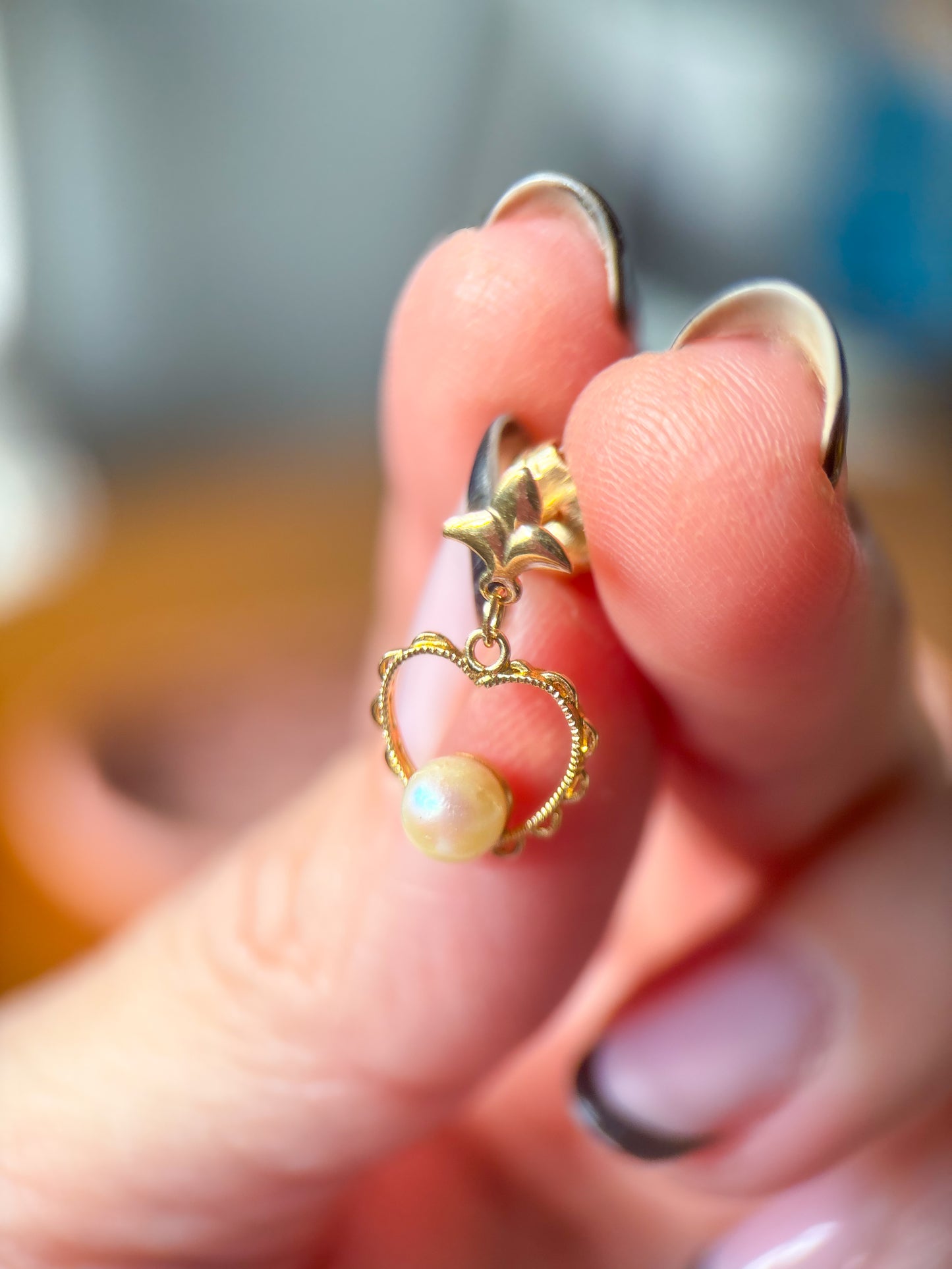 Vintage Heart and Pearl 14k Yellow Gold Drop Earrings