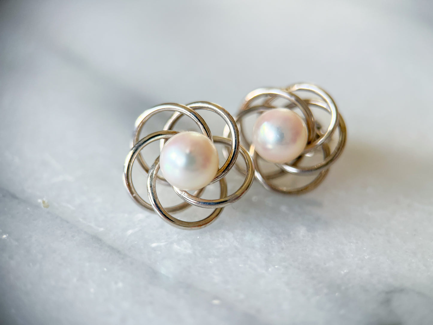 Vintage Pearl and Knot 14k White Gold Stud Earrings