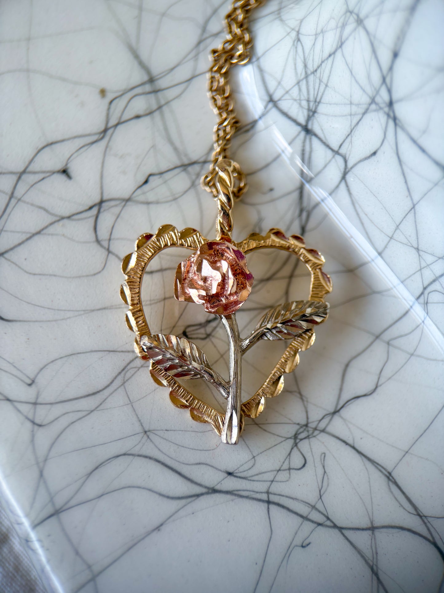 Vintage Heart 14k Yellow, White and Rose Gold Charm
