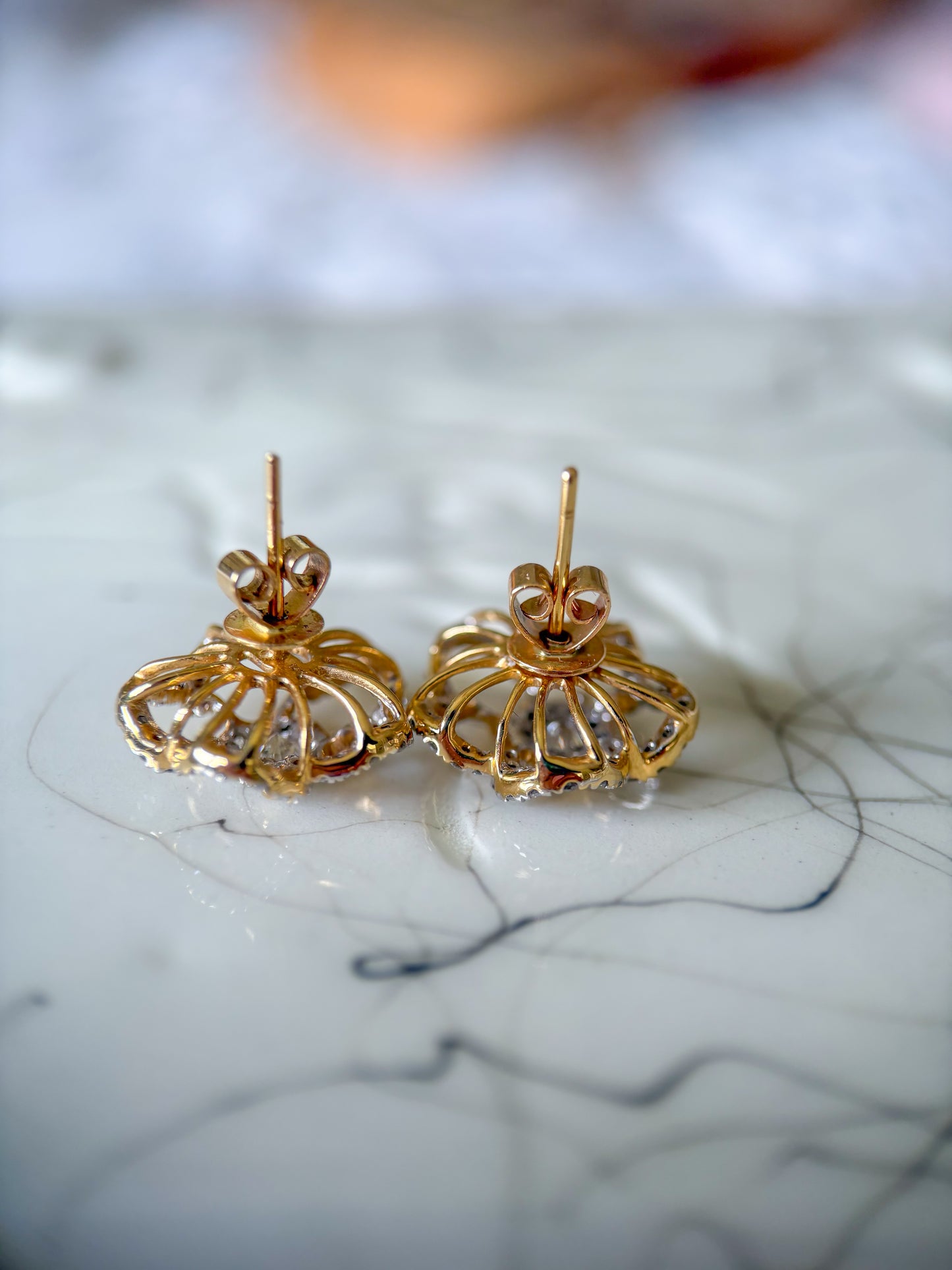 Natural Diamond Flower 14k Yellow Gold Large Stud Earrings