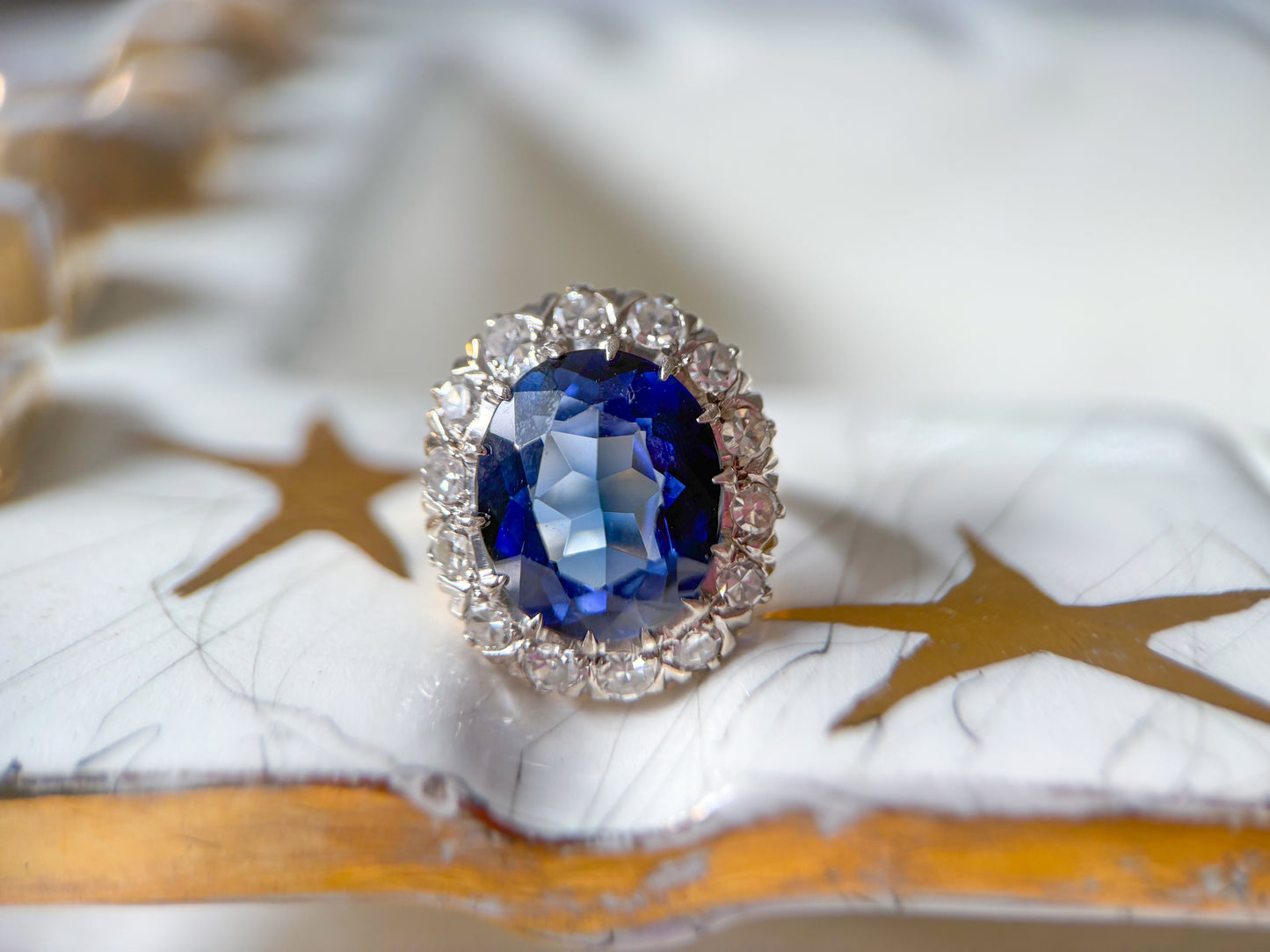 Vintage Natural Diamond and Blue Stone 10k White Gold Statement Ring