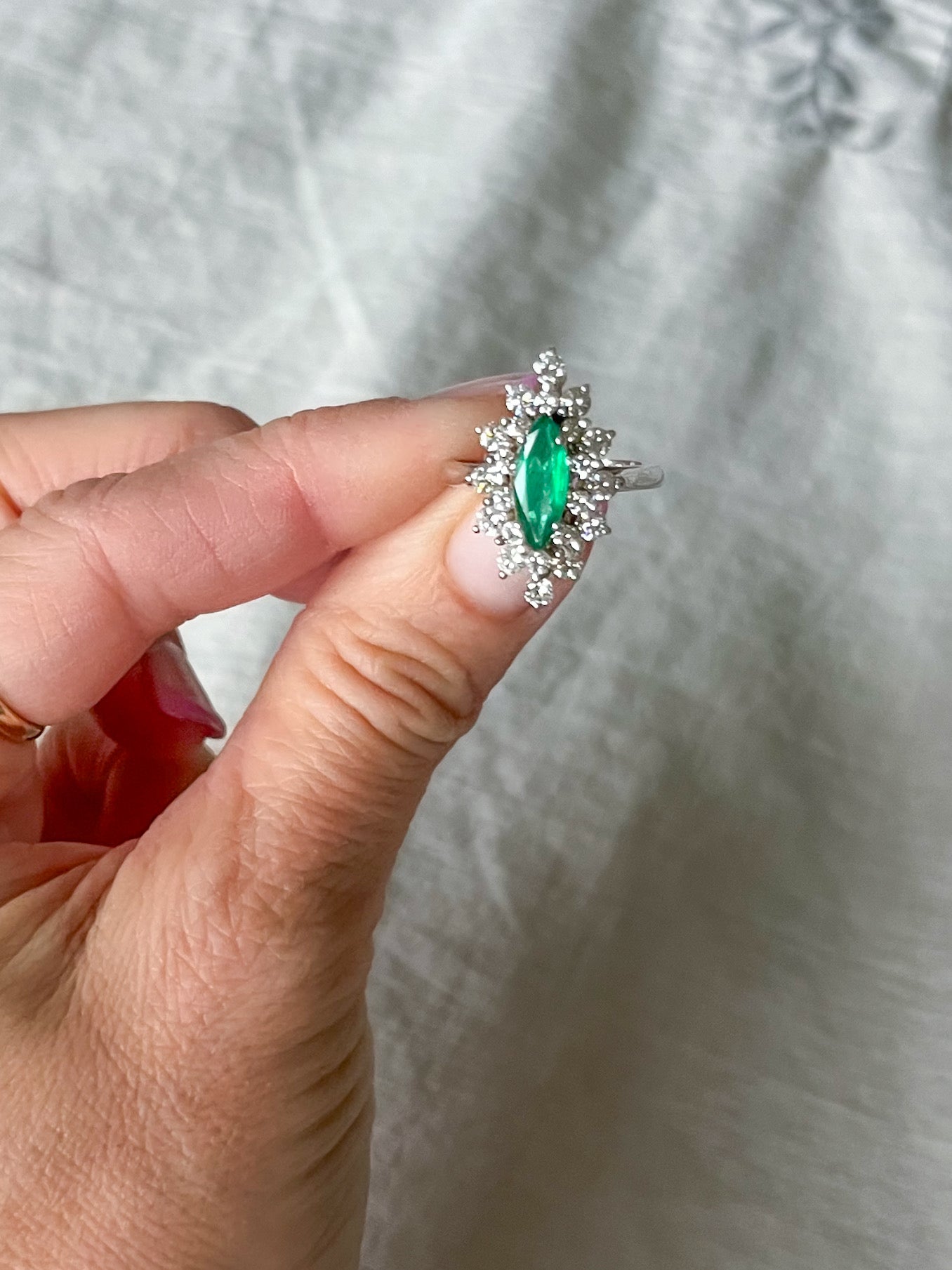 Vintage Natural Emerald and Diamond 14k White Gold Ring
