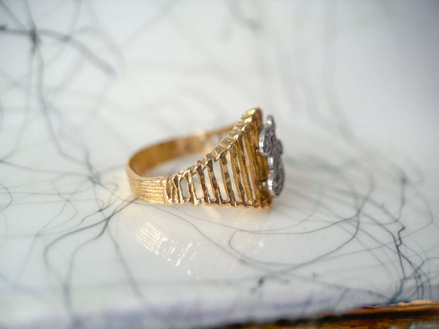 Vintage Natural Diamond Letter "F" 14k Yellow Gold Ring