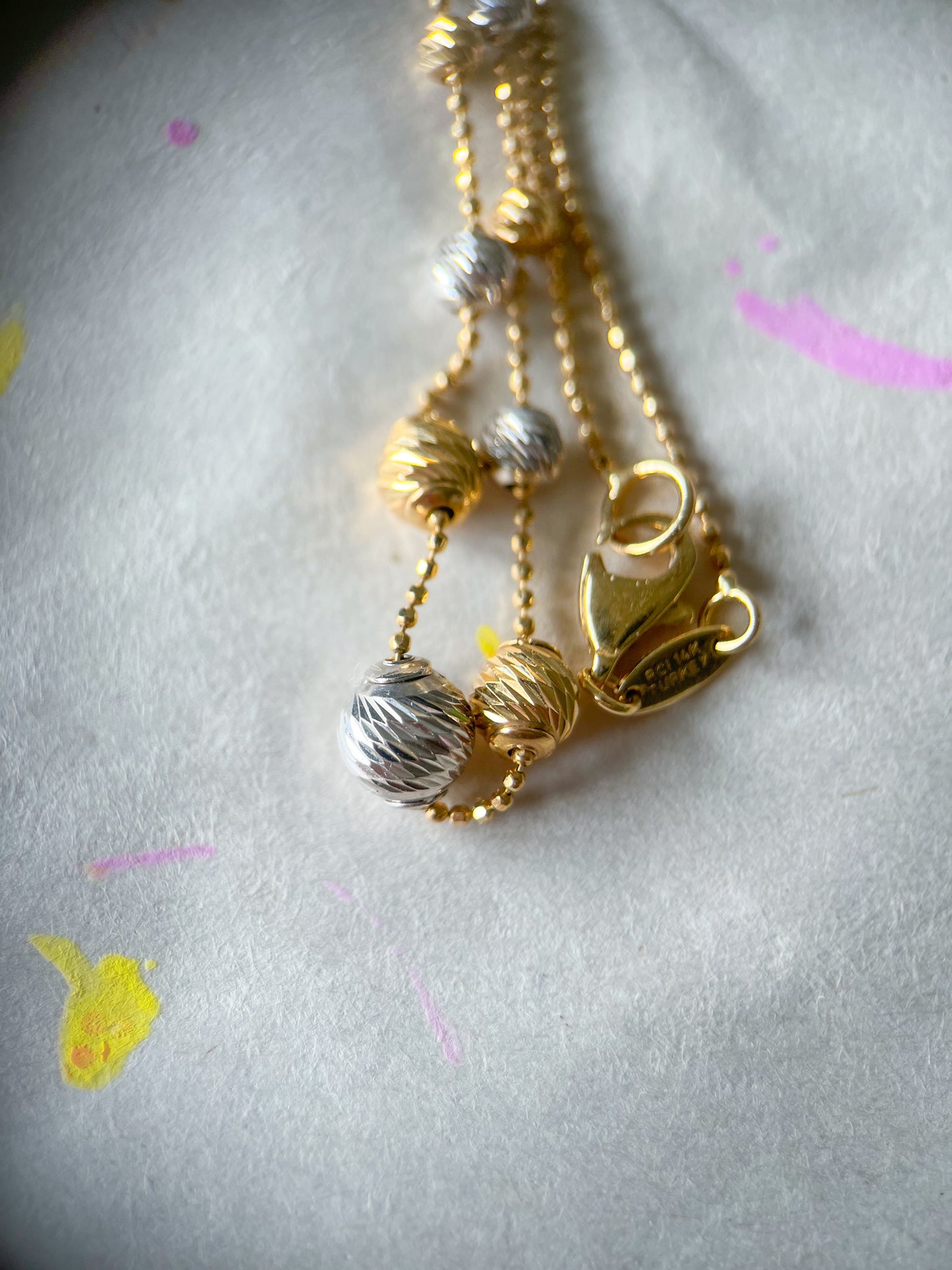 Vintage Two Toned Ball Chain with Two Toned Ball Accents 14k Yellow and White Gold Necklace