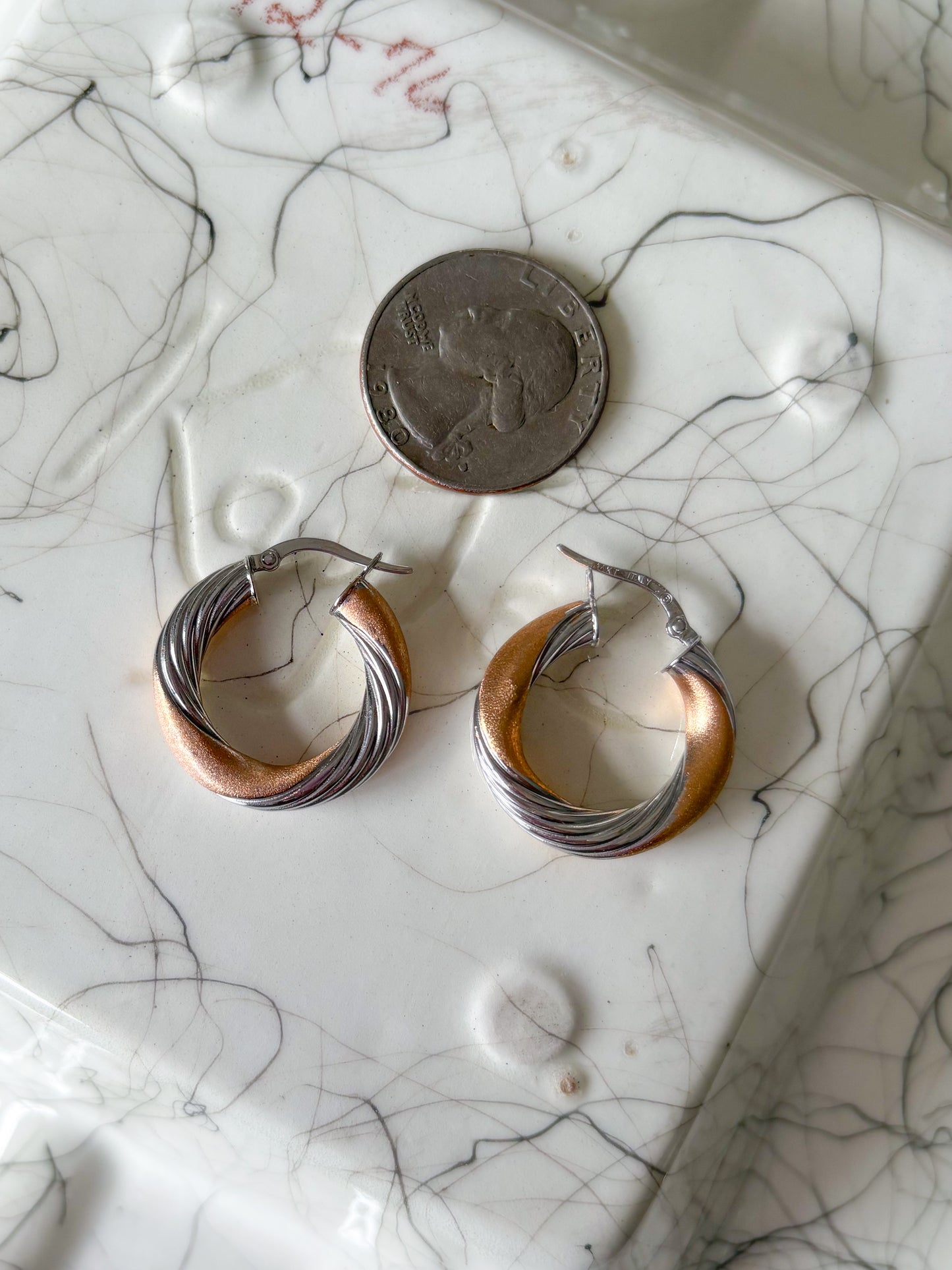 Vintage Two Toned Tube 14k Yellow and White Gold Hoop Earrings