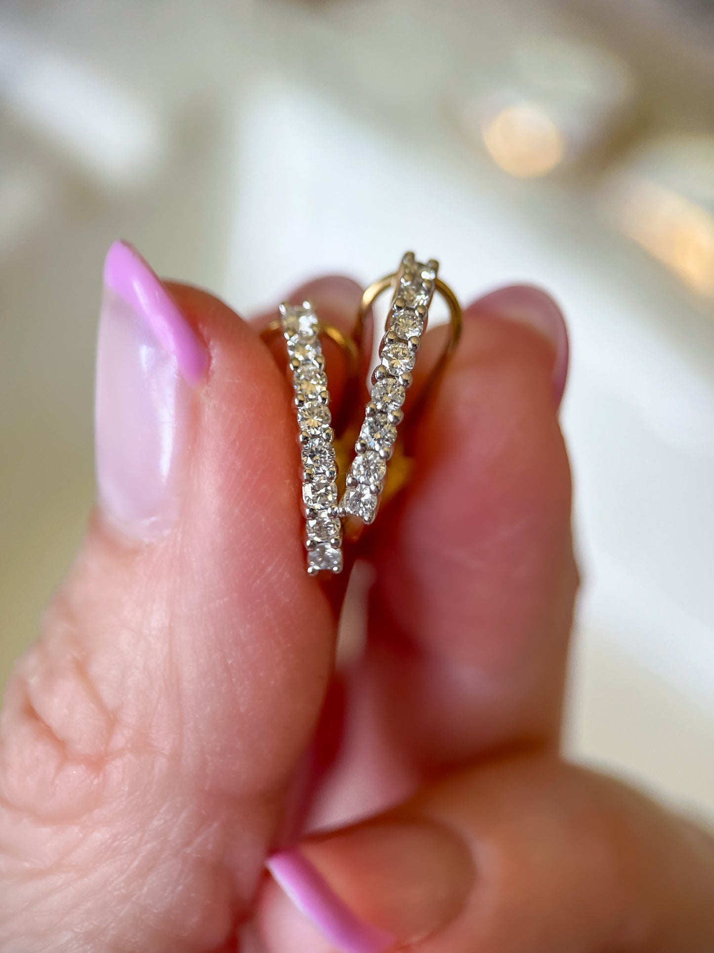 Natural Diamond 14k Yellow Gold One Row Half Hoop Earrings