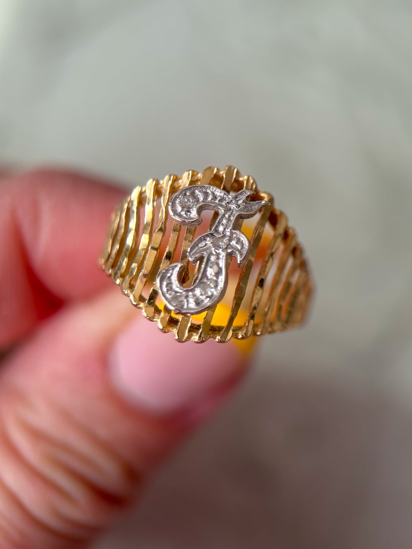 Vintage Natural Diamond Letter "F" 14k Yellow Gold Ring