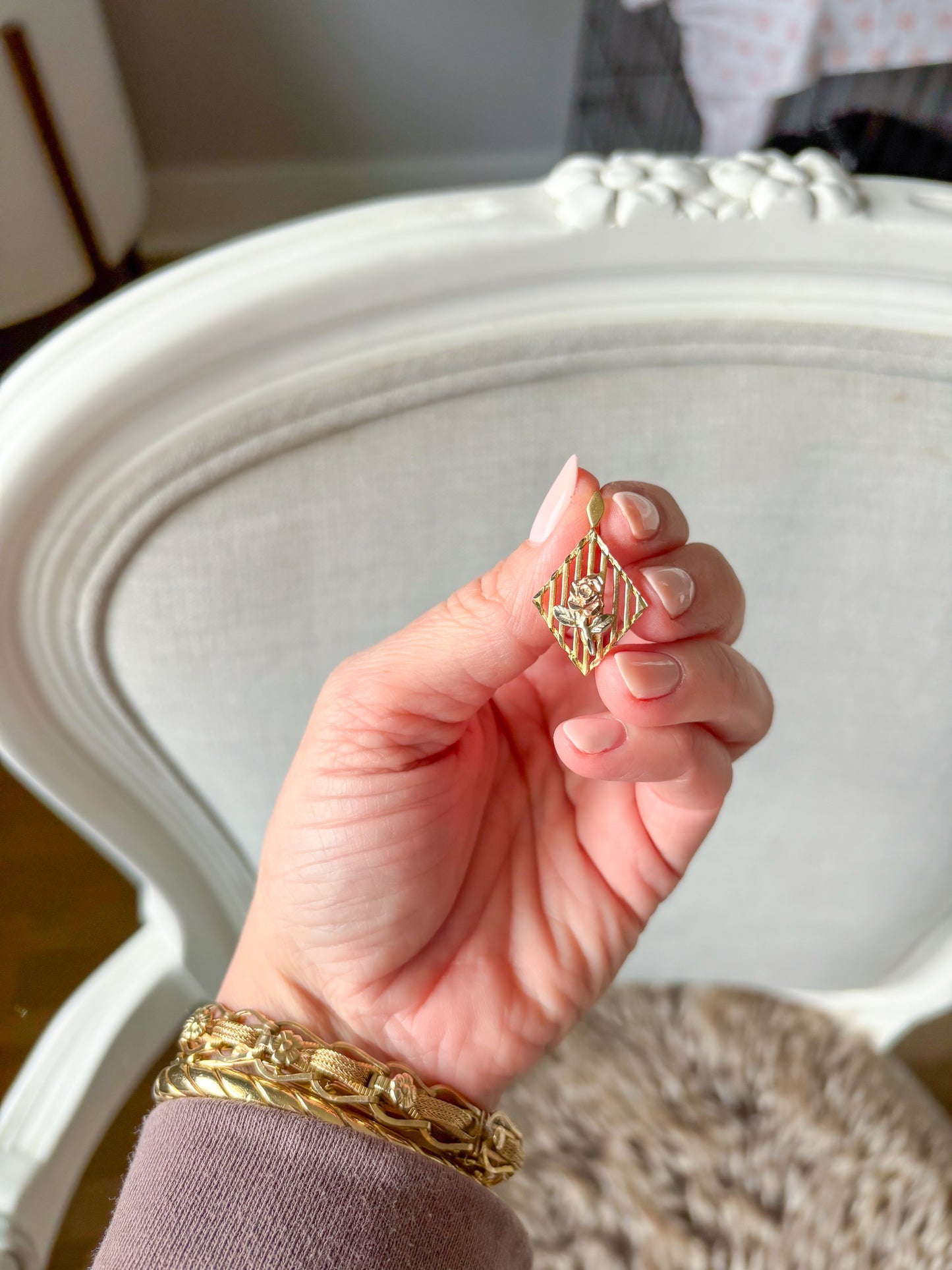 Vintage Rose 14k Yellow, White and Rose Gold Charm