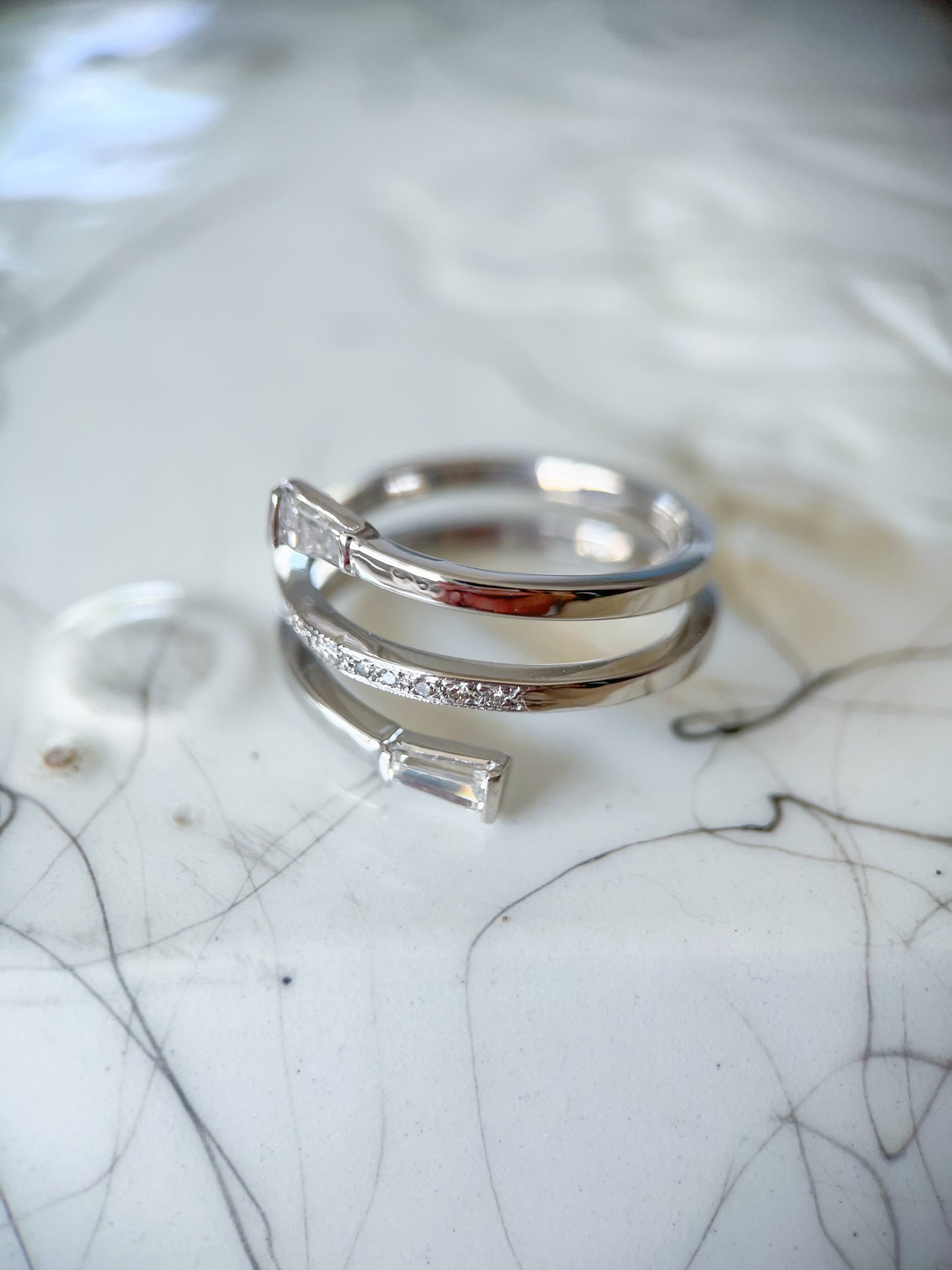 Vintage Baguette Natural Diamond Wrap 14k White Gold Ring