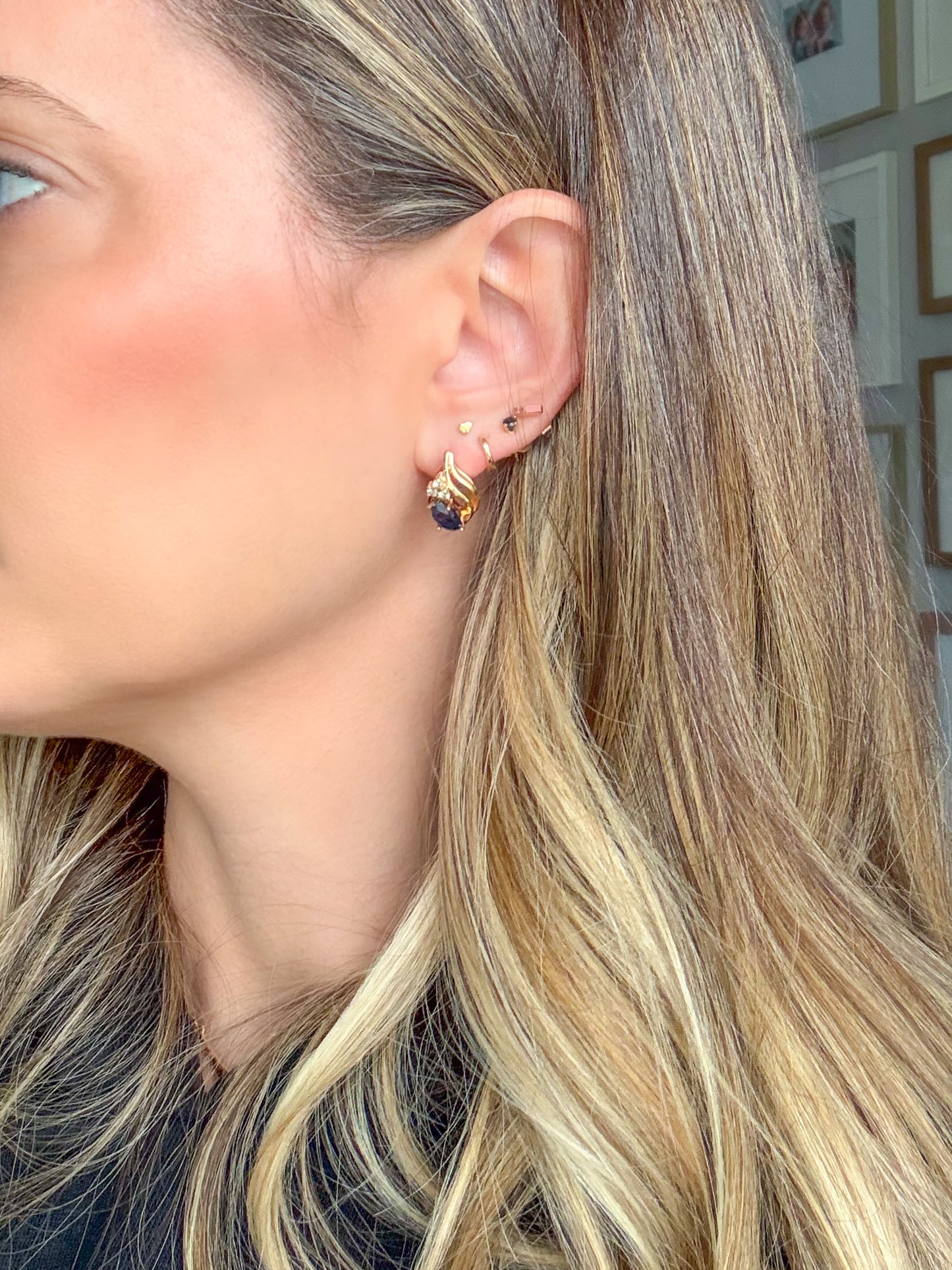Vintage Natural Diamonds with Synthetic Blue Stone 14k Yellow Gold Earrings