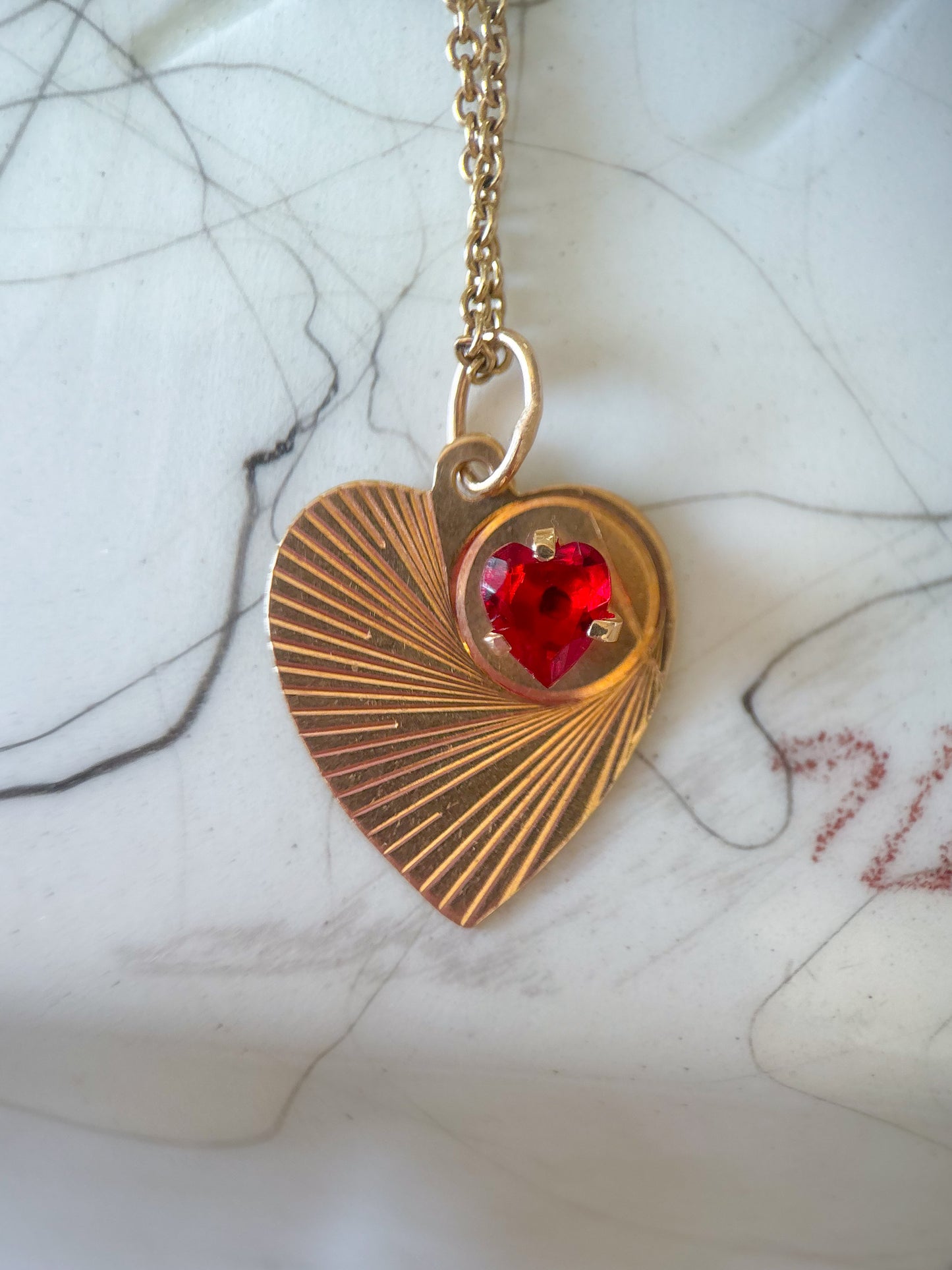 Vintage Engine Turned Heart 14k Yellow Gold Charm with Red Stone