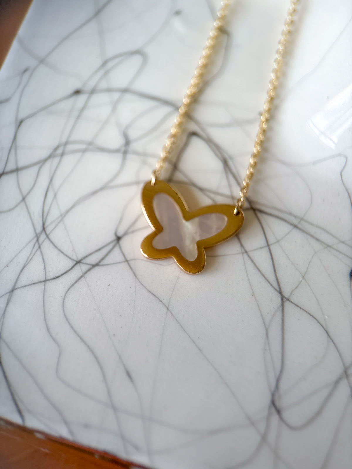 Vintage Mother of Pearl Butterfly Charm on 14k Yellow Gold Chain