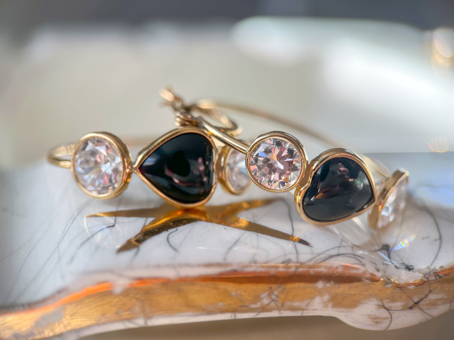 Vintage Onyx and CZ Three Stone Hoop Earrings