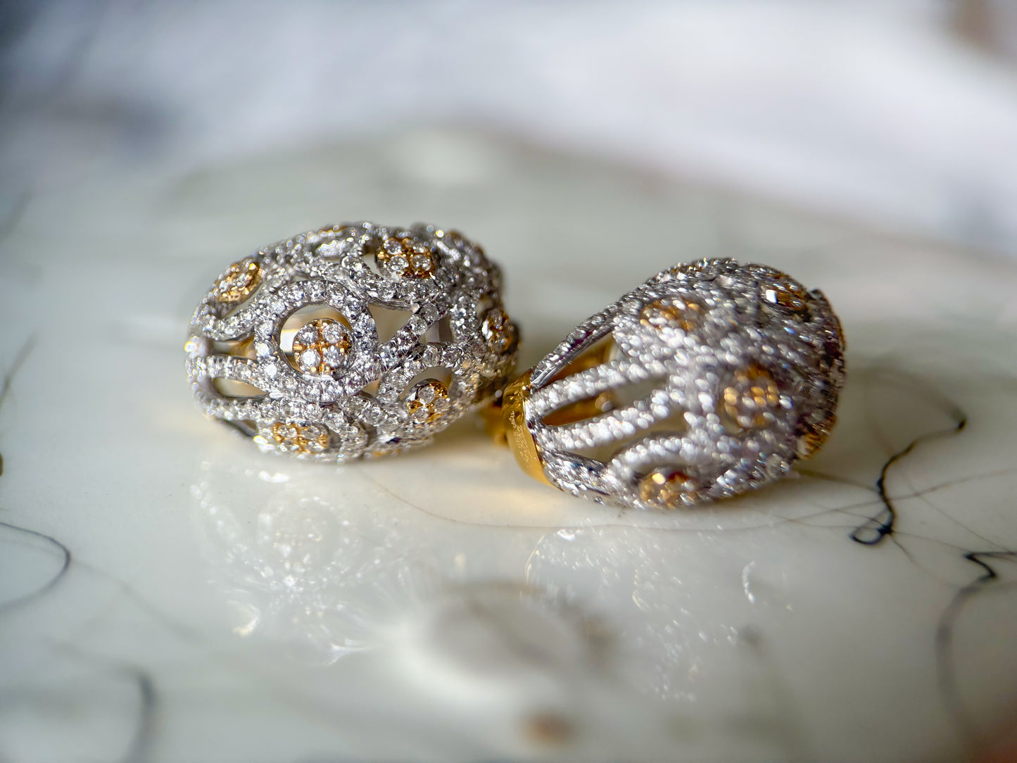 Natural Diamond Puffy Hoop 14k Yellow and White Gold Earrings