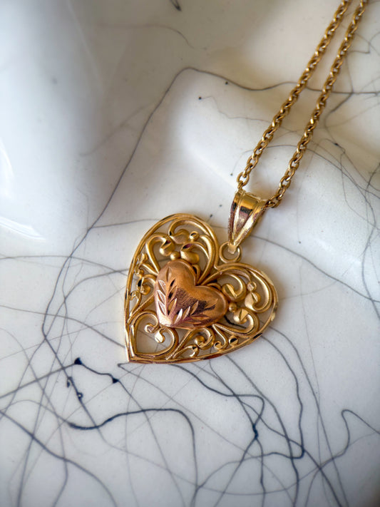 Vintage Heart 14k Yellow and Rose Gold Charm