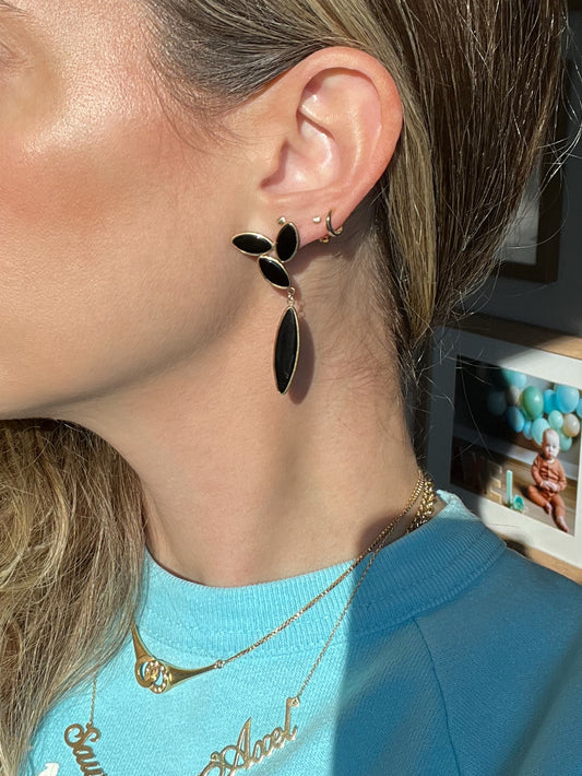 Vintage Onyx Drop 14k Yellow Gold Stud Earrings