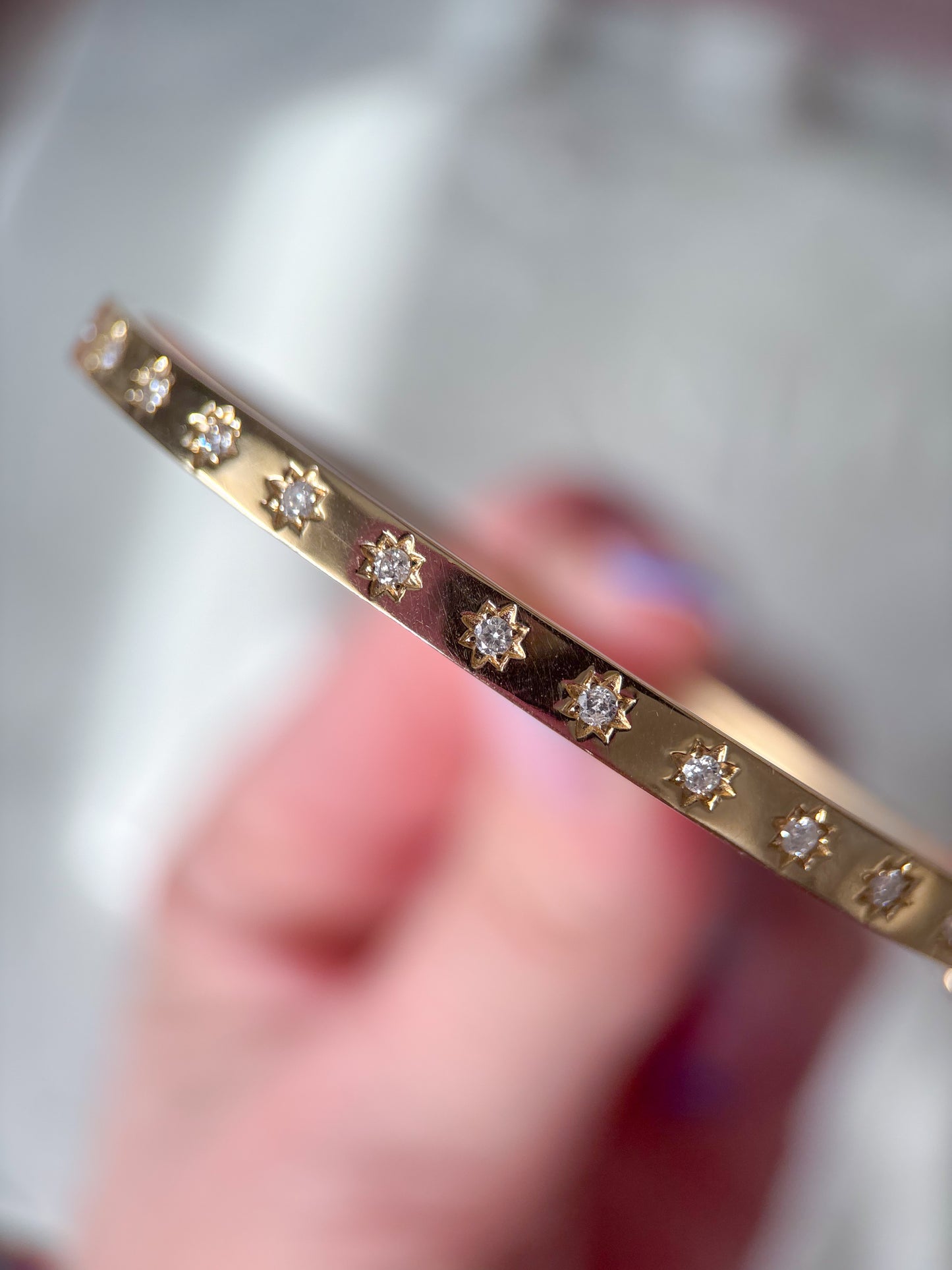 Natural Diamond Starburst 14k Yellow Gold 6 Inch Bangle