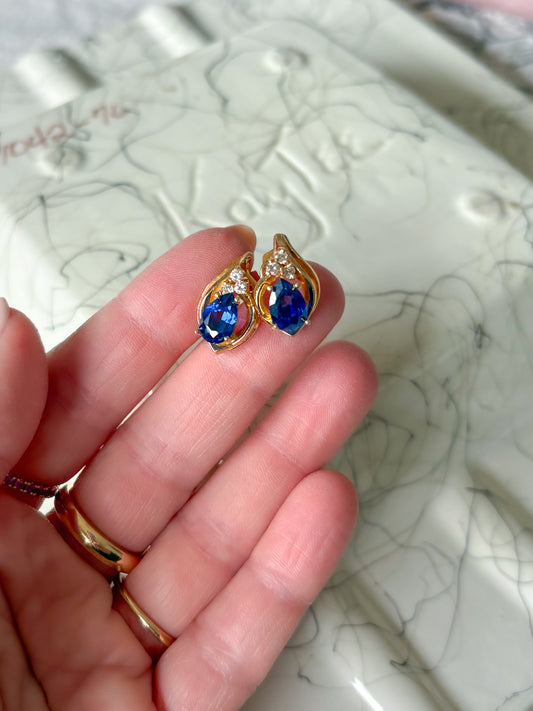 Vintage Natural Diamonds with Synthetic Blue Stone 14k Yellow Gold Earrings