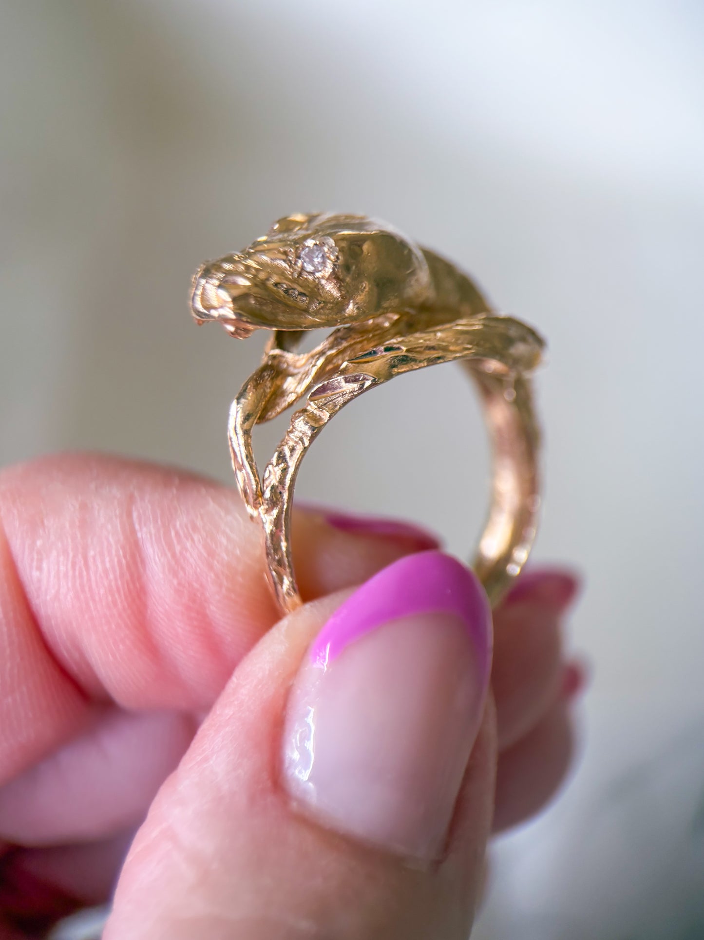 Vintage Snake with Natural Diamond Eyes 14k Yellow Gold Ring