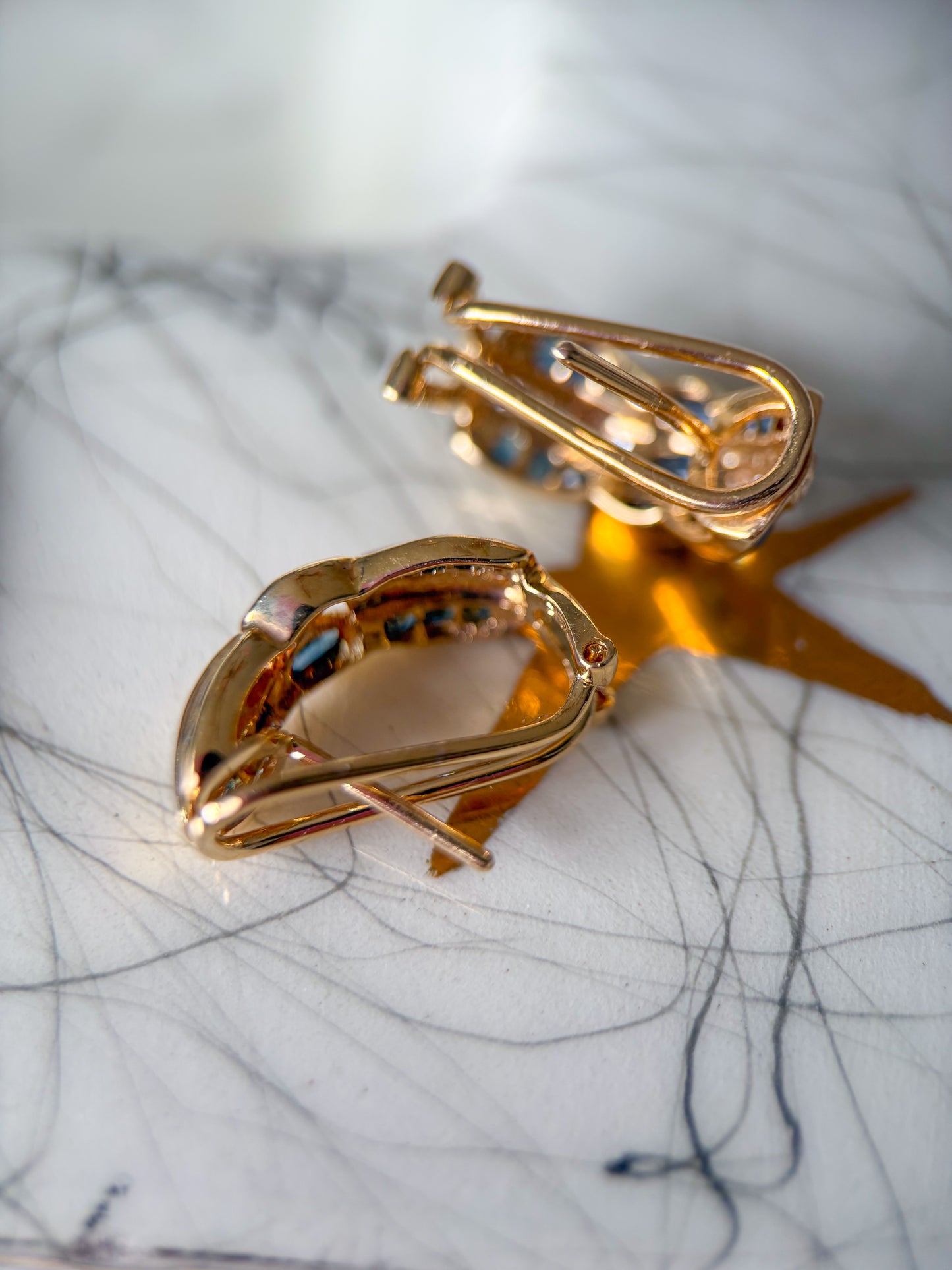 Vintage Natural Sapphire and Diamond 14k Yellow Gold Half Hoop Earrings