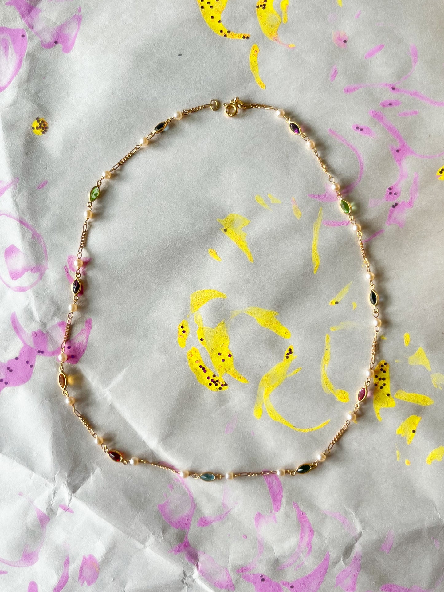 Vintage Pearl and Natural Gemstone 18k Yellow Gold 16 Inch Chain Necklace