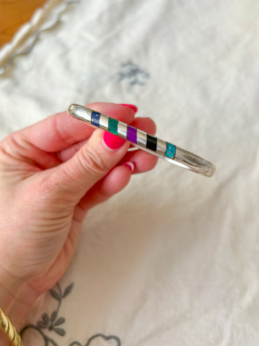 Vintage Taxco Sterling Silver Oval Bangle with Multicolored Gemstone Inlay, circa 1970s