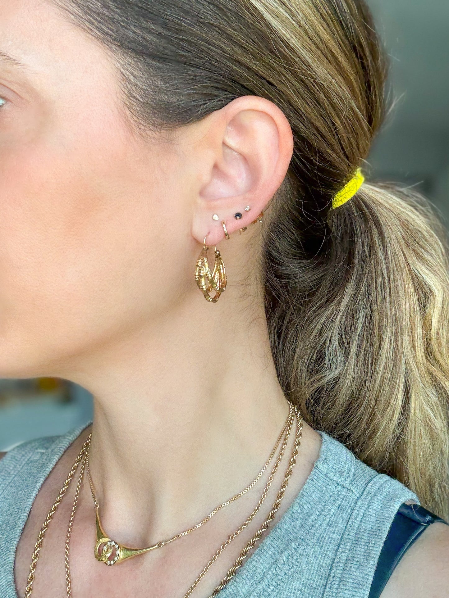 Vintage Three Hoop Bamboo Hoop 14k Yellow Gold Earrings