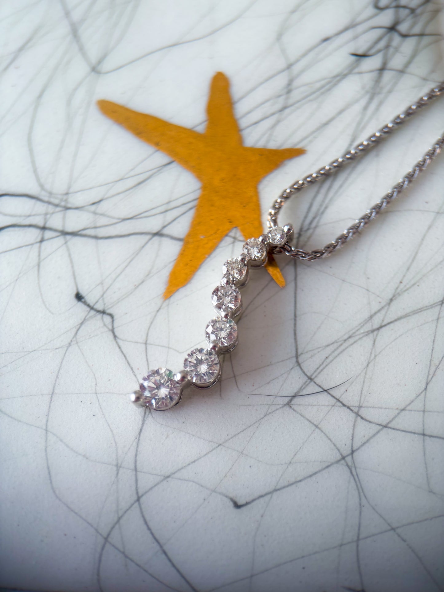 Vintage Natural Diamond 7 Stone Drop Pendant with 14k White Gold Attached 22 Inch Chain